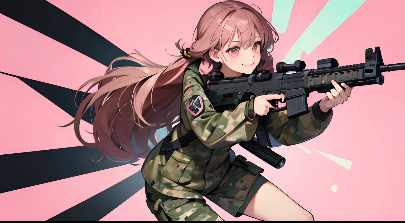 (((((Hold a huge assault rifle)))))、Long sideburns、Anime-style girl with beautiful whole body, clean detailed faces, ciber,analogous colors, Glowing shadows, beautiful gradients, depth of fields, CLEAN IMAGE, High quality,Black Parker Closing、 high detailing, High Definition, blush, Fit, Heavenly Beauty, Very detailed,((assault rifle)),In heavy rain
