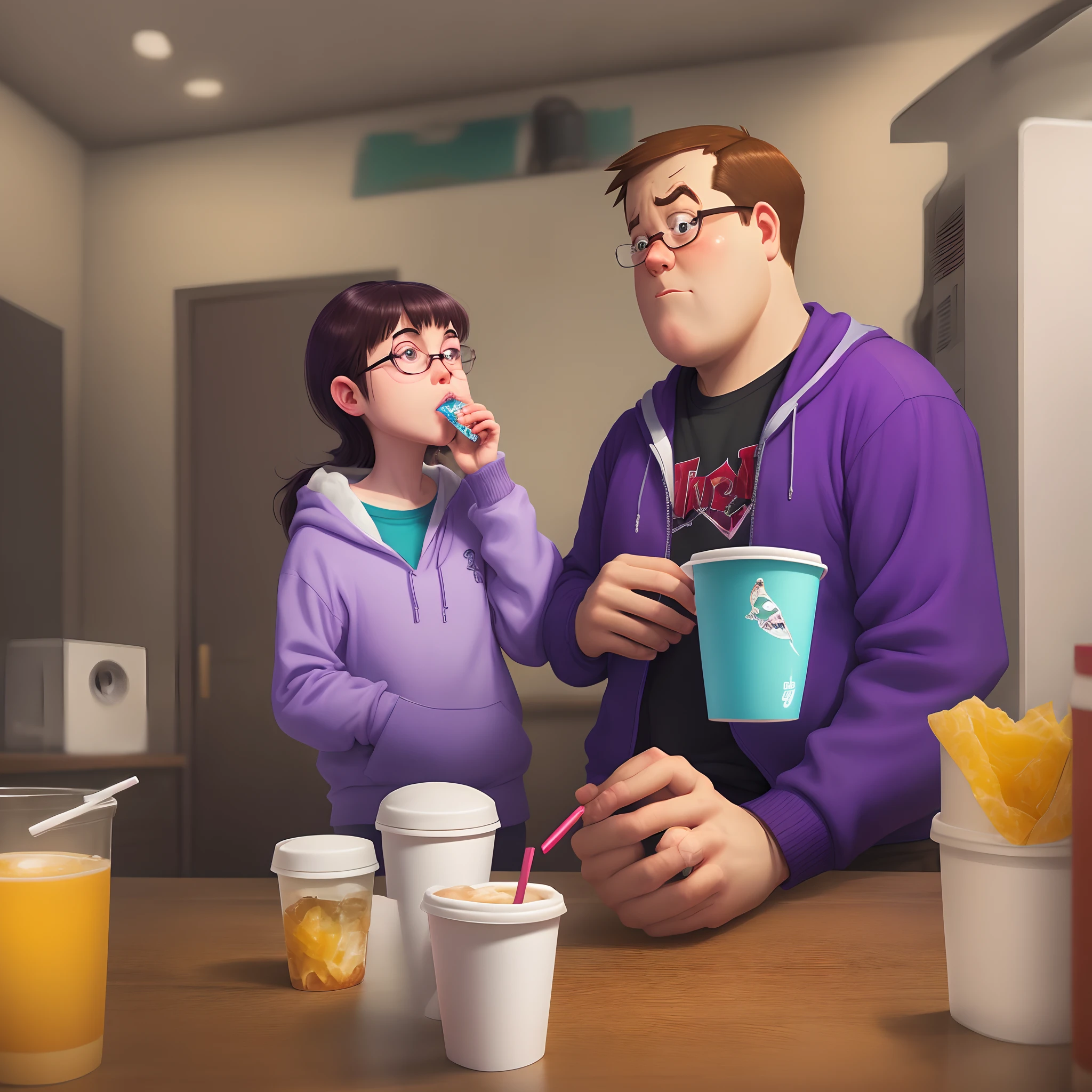 Peter griffin melancholy sipping lean out of a doubled up styrofoam cup with a purple blunt in his other hand