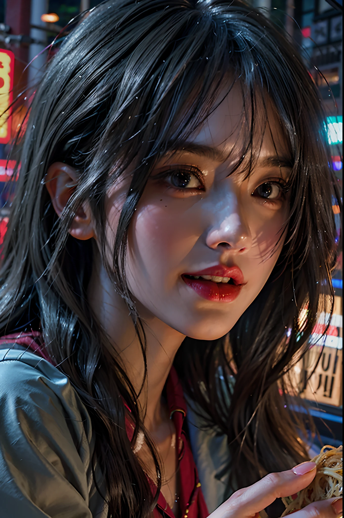 (masterpiece), best quality, ultra high res, close up, slim body, 1girl,school uniform, long hair, laughing, ramen, night, Tokyo restaurant background, colorful lights, photon mapping, radiosity, physically-based rendering, cinematic lighting, intricate, High Detail, Sharp focus, dramatic, photorealistic, in the forest