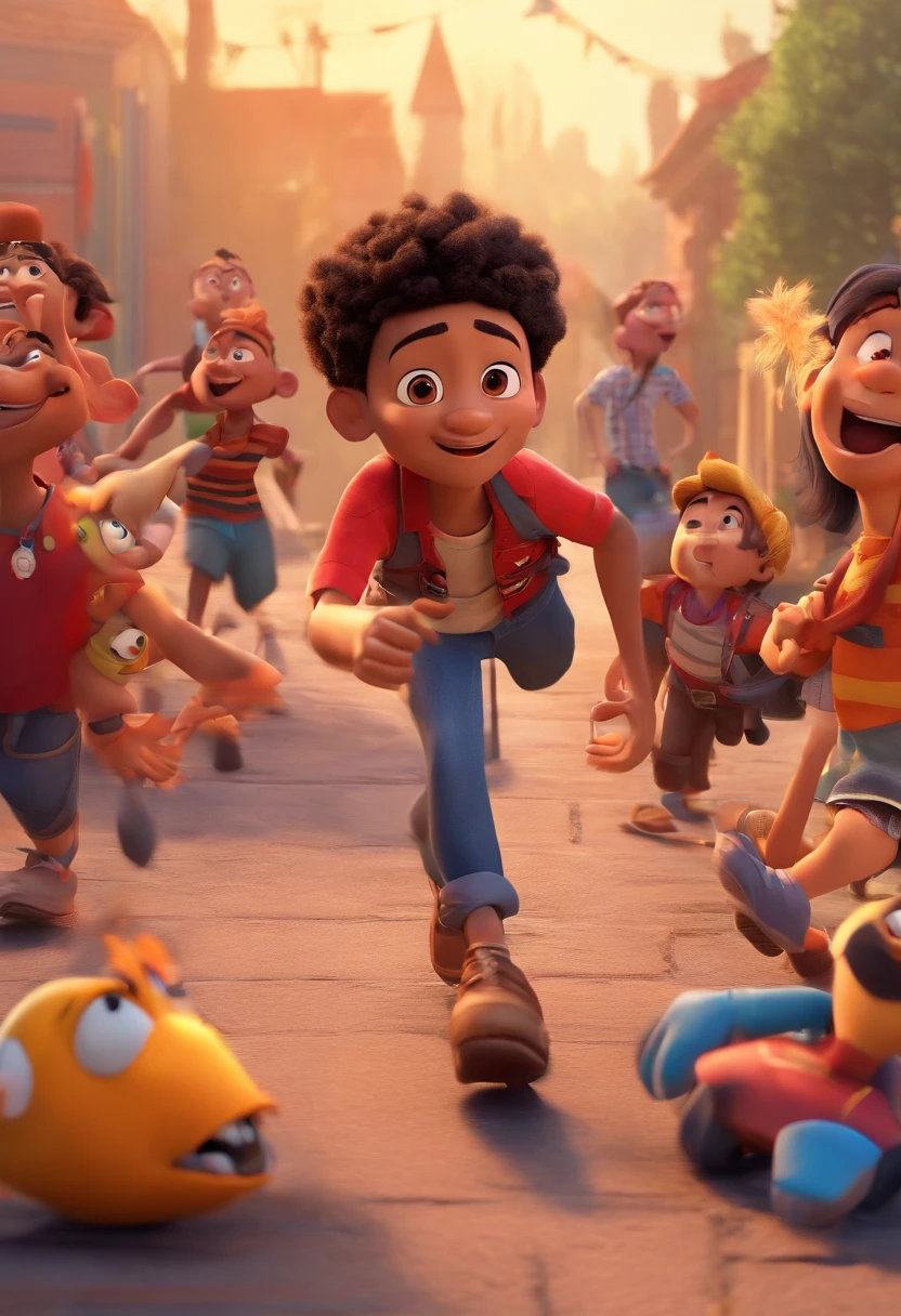 a disney pixar image lookalike 3d animation with ten mixed-race kids desperatly running from a container catching fire and a black vulture buzzard character with crossed arms and a red and black horizontally striped shirt in the front with a naughty smile