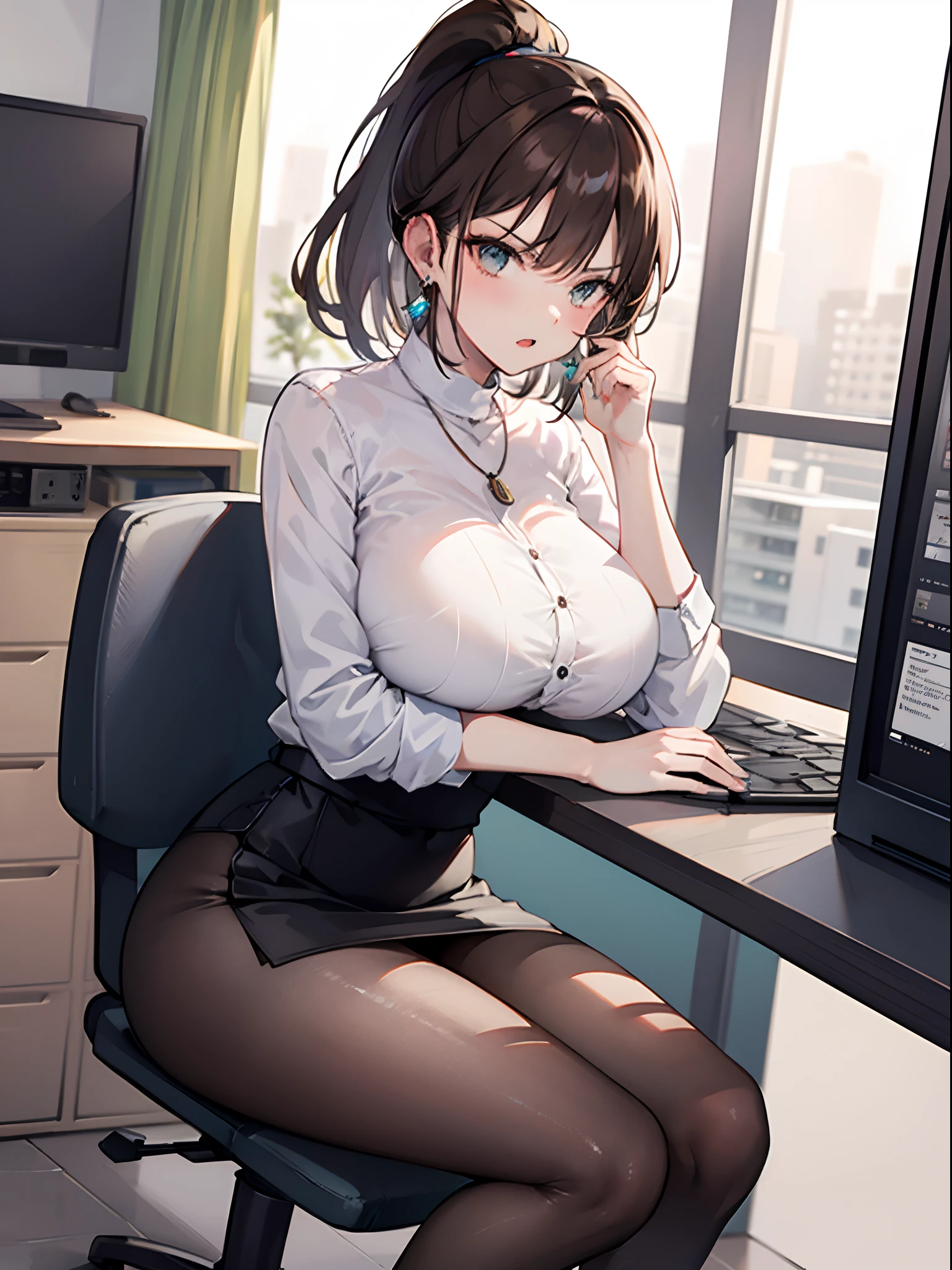 In office, computer, desk, high resolution, 8k, masterpiece, best quality, 1girl, brown hair, short curl hair, ponytail, mature female, OL outfit, office lady outfit, business girl outfit, pantyhoses, nameplate, earrings, necklace, breasts on table, breast rest, angry, open mouth, side view, side boob, side breast, holding paper, holding files,