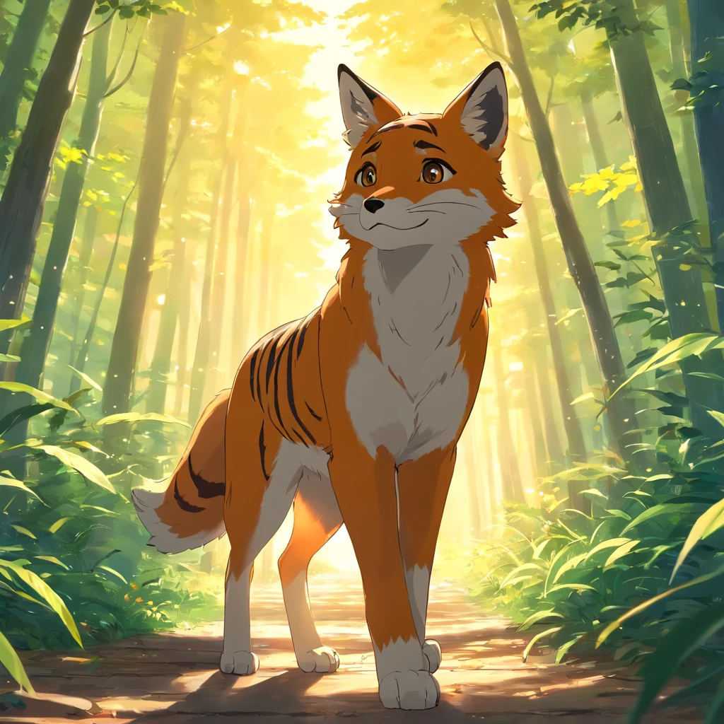 tmasterpiece, melhor qualidade, cinematic Film still from, galinha ,e um coelho, Foto em close-up, The fox is ahead,The tiger is behind, Look up at the sky in the woods