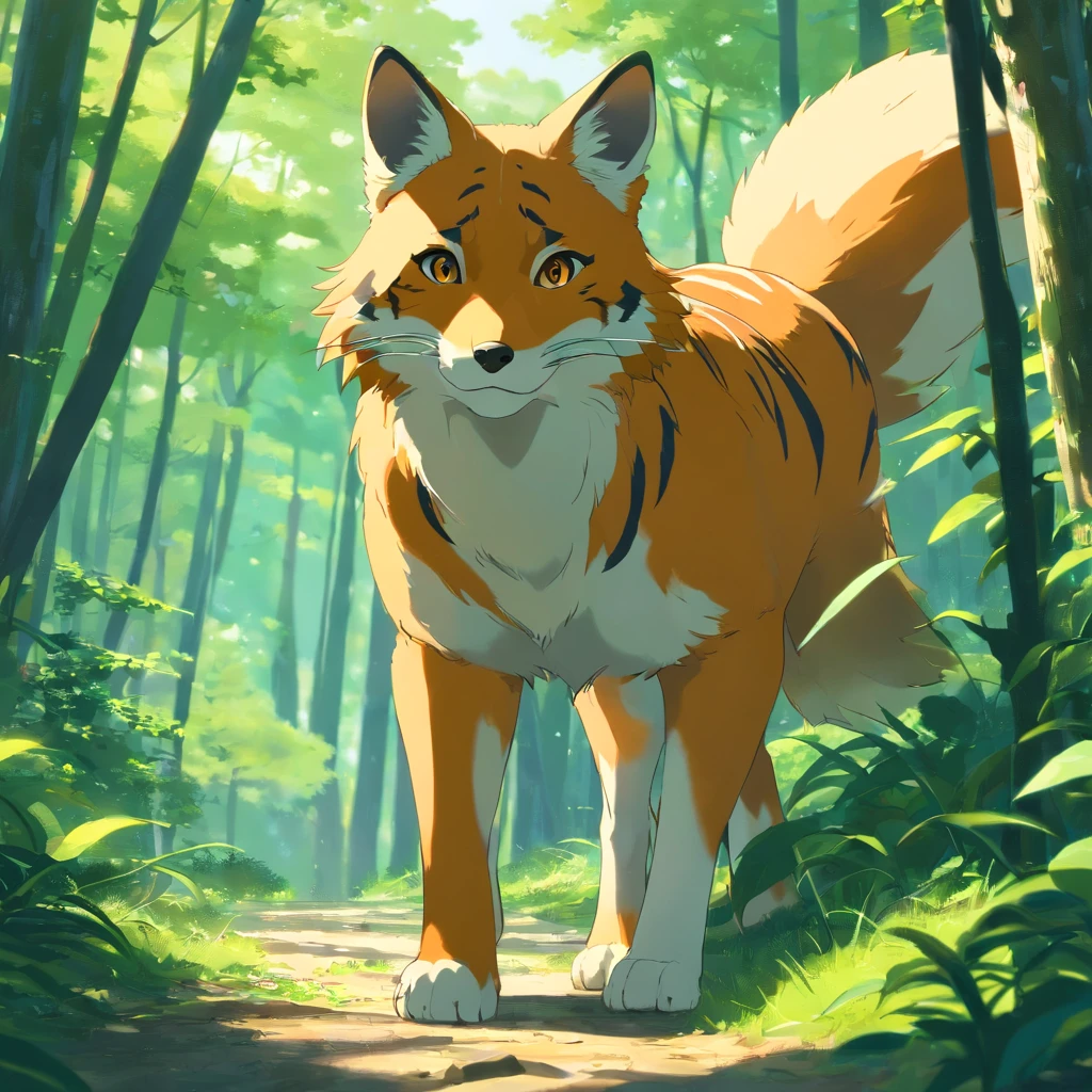 tmasterpiece, melhor qualidade, cinematic Film still from, galinha ,e um coelho, Foto em close-up, The fox is ahead,The tiger is behind, Look up at the sky in the woods