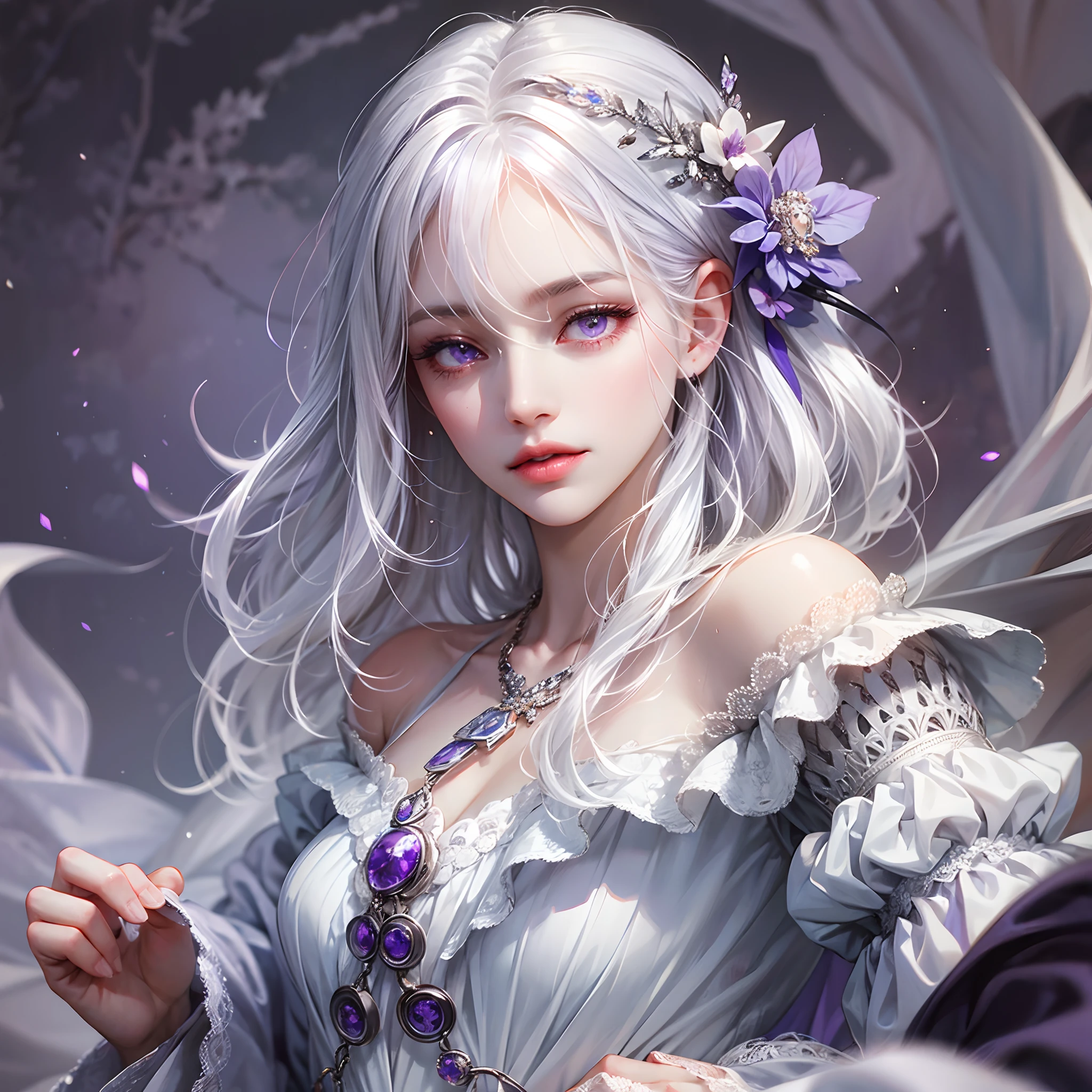 a women, white hair, purple eyes, white dress