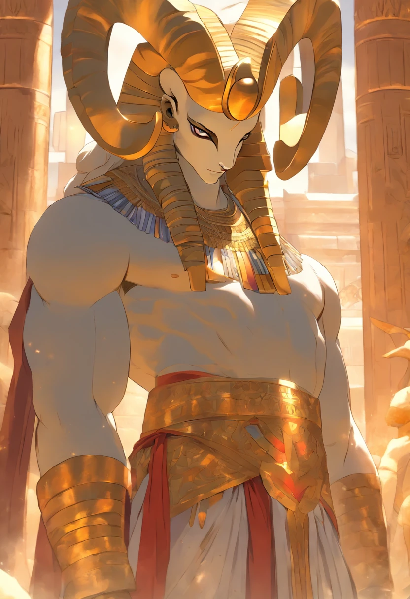 (((Man's body and ram's head)), best quality, very high resolution, 4K detailed CG, masterpiece, Egyptian mythology, KHNUM, sun in the background, Ancient Egypt, standing pose, ram god, white clothes , Egyptian clothing, Egyptian temple, desert, Ancient Egypt, ((ram's head, man's body)), Egyptian palace, aesthetics, beautiful image, centered on screen, standing pose
