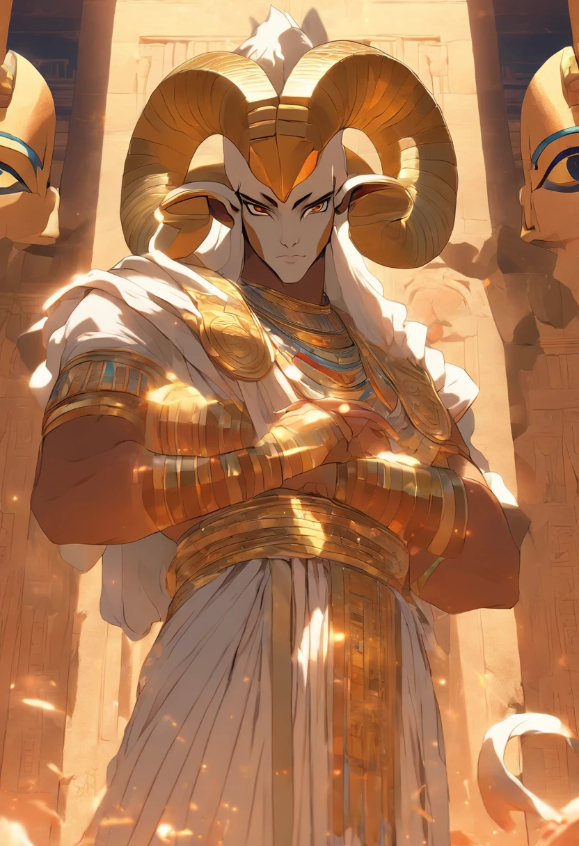 (((Man's body and ram's head)), best quality, very high resolution, 4K detailed CG, masterpiece, Egyptian mythology, KHNUM, sun in the background, Ancient Egypt, standing pose, ram god, white clothes , Egyptian clothing, Egyptian temple, desert, Ancient Egypt, ((ram's head, man's body)), Egyptian palace, aesthetics, beautiful image, centered on screen, standing pose
