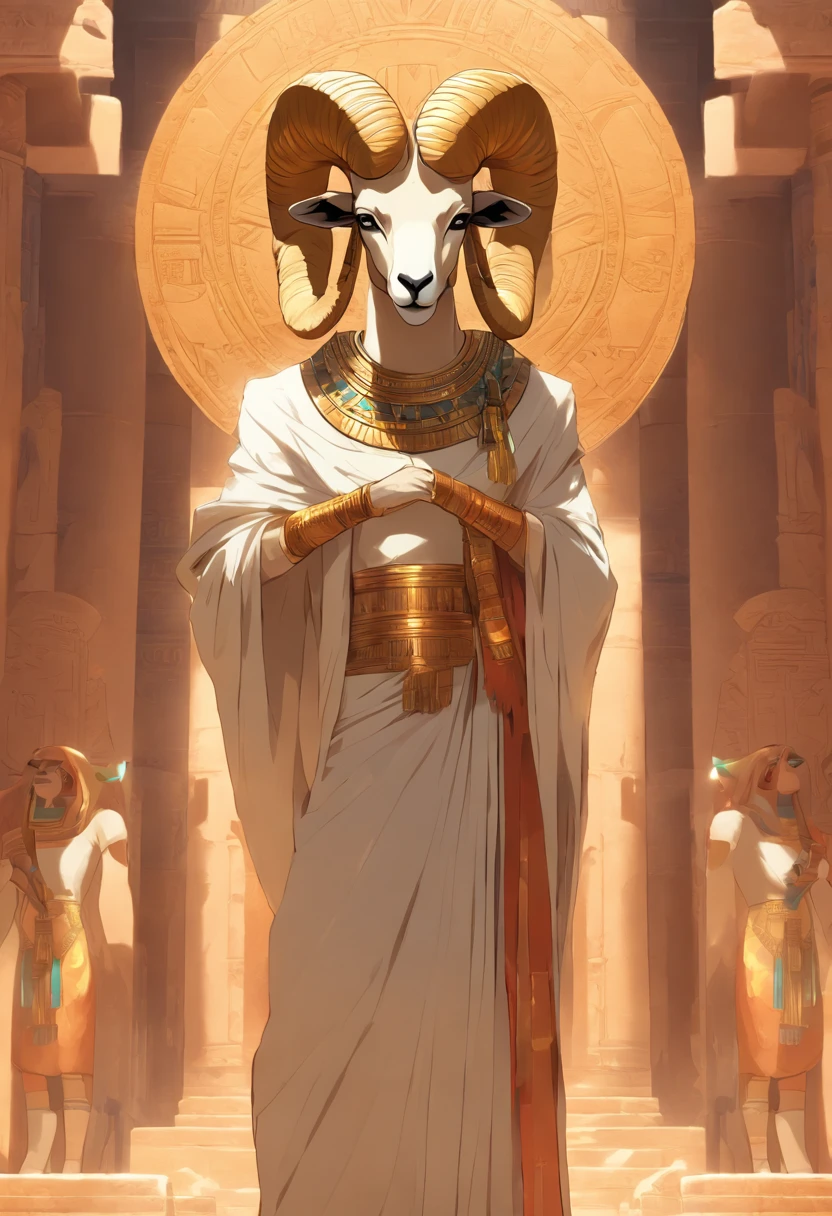 (((Man's body and ram's head)), best quality, very high resolution, 4K detailed CG, masterpiece, Egyptian mythology, KHNUM, sun in the background, Ancient Egypt, standing pose, ram god, white clothes , Egyptian clothing, Egyptian temple, desert, Ancient Egypt, ((ram's head, man's body)), Egyptian palace, aesthetics, beautiful image, centered on screen, standing pose