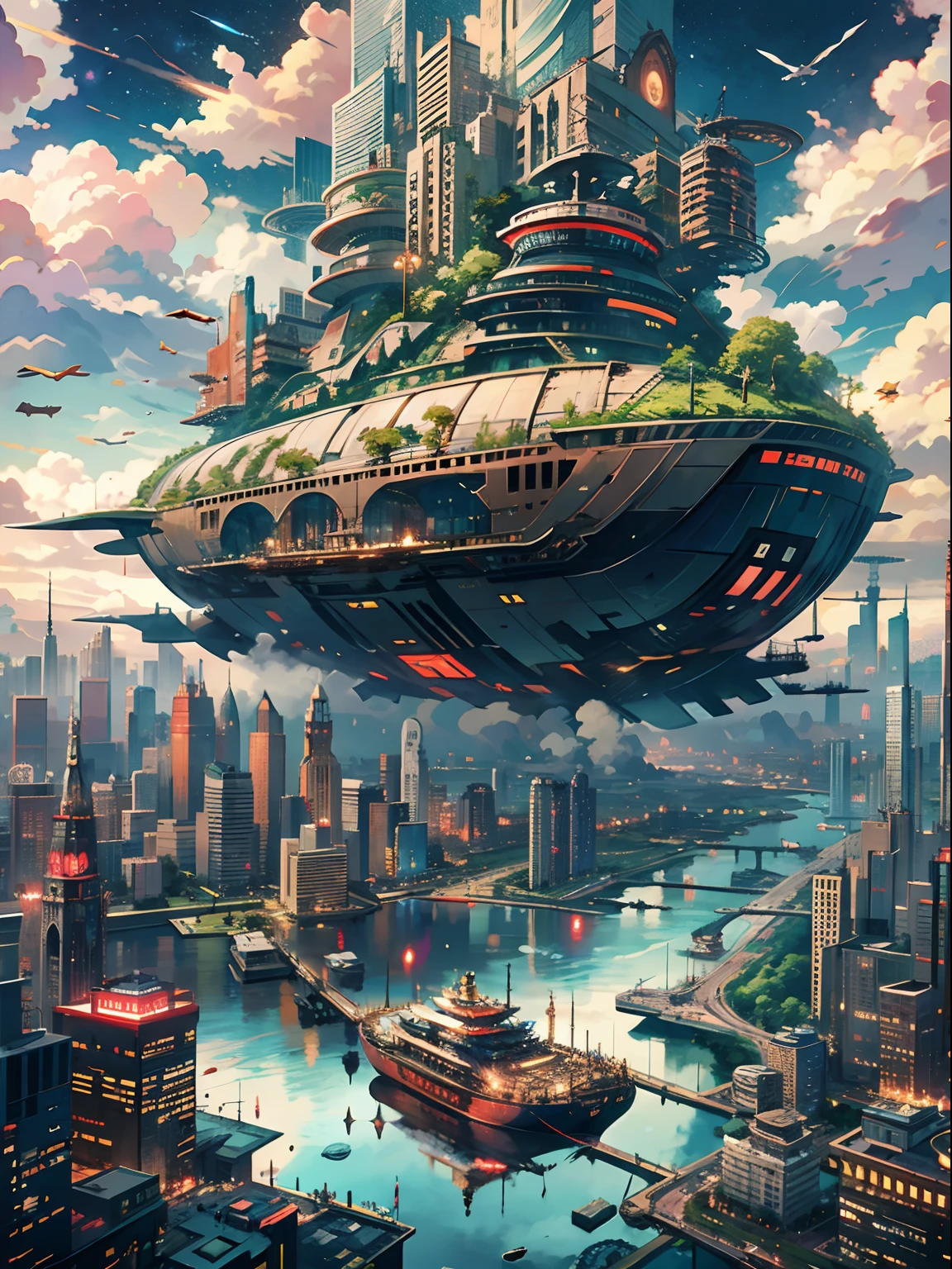 Very large flying ship、Lots of clouds,heavy fog、starrysky、Moon,Chaotic city of the future、Movie dystopia、A group of very tall skyscrapers stands in the center、Very complex cityscape,Crowded Chinese skyscrapers、street signs、streetlights、taxis、buses、Train、Pretty dim lighting、Dark road、puddles、Chaotic、Beautiful and fantastic scenery、Cinematic scenery、hightquality、masutepiece,in 8K、hight resolution、