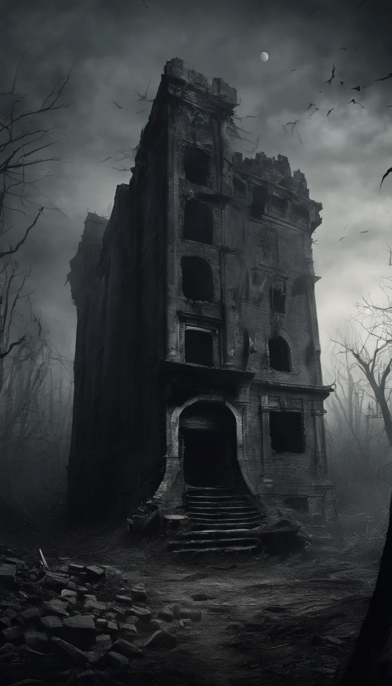 Images of gloomy ruins, corvos voando, ar de terror e medo. Melhor qualidade, 16k