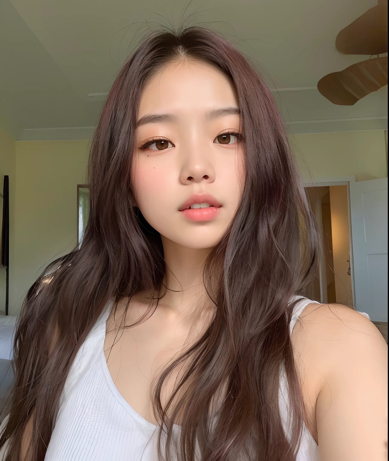 there is a woman with long hair and a white blouse, jennie blackpink, Heonhwa Choe, Mulher sul-coreana bonita, linda mulher coreana jovem, a young asian woman, mulher coreana jovem bonita, young adorable korean face, gemma chen, sem maquiagem cabelo ondulado, Gongbi, young cute wan asian face, Asian face, Asian girl with long hair