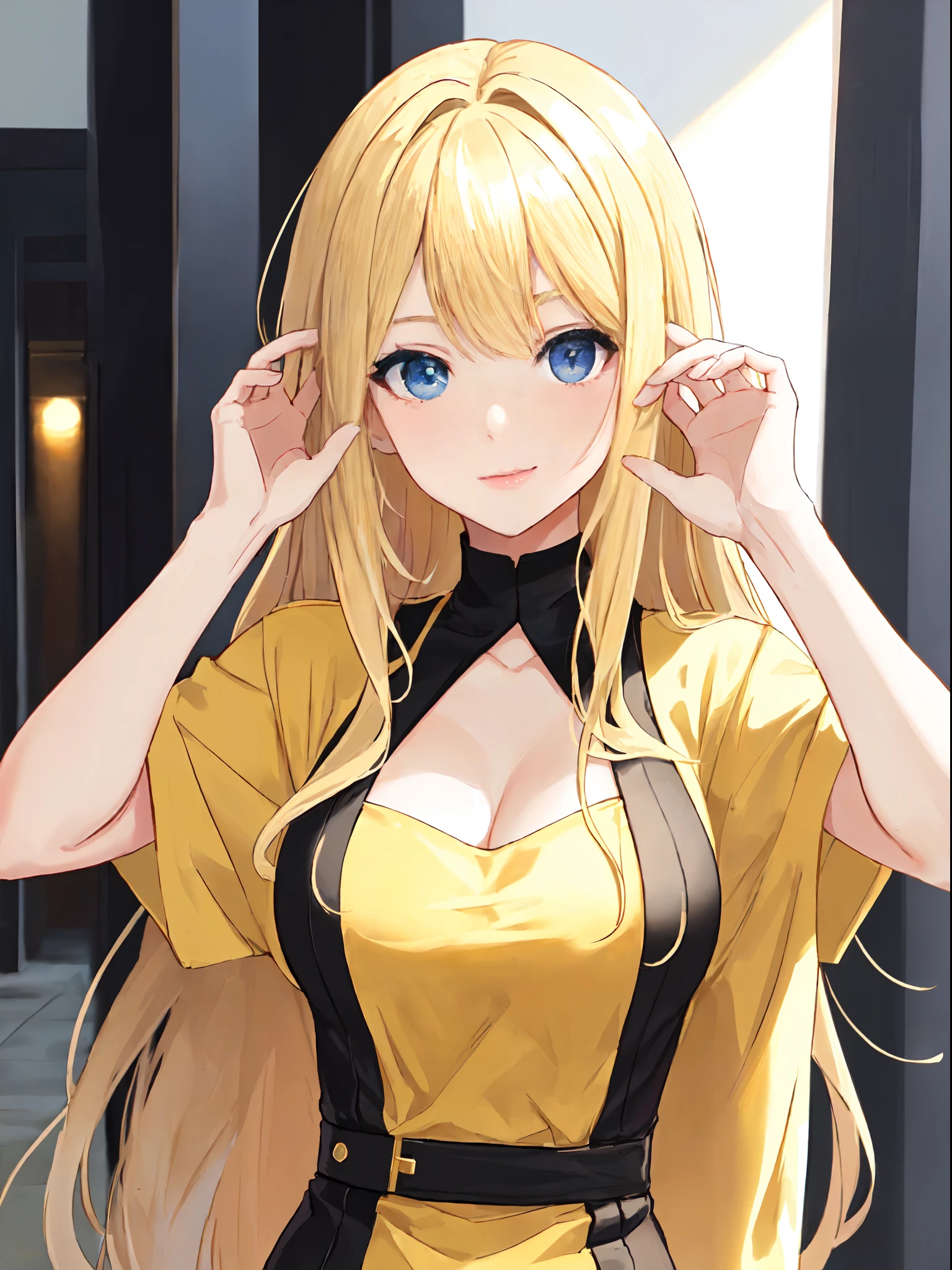 1 girl, beautiful anime girl, long blonde hair, yellow eyes, detailed and realistic facial features, happy face, smiling, detailed face, detailed eyes, detailed lips, beautiful cheeks, soft lighting, portrait, vivid colors, bokeh, (best quality,4k,8k,highres,masterpiece:1.2),ultra-detailed,(realistic,photorealistic,photo-realistic:1.37)