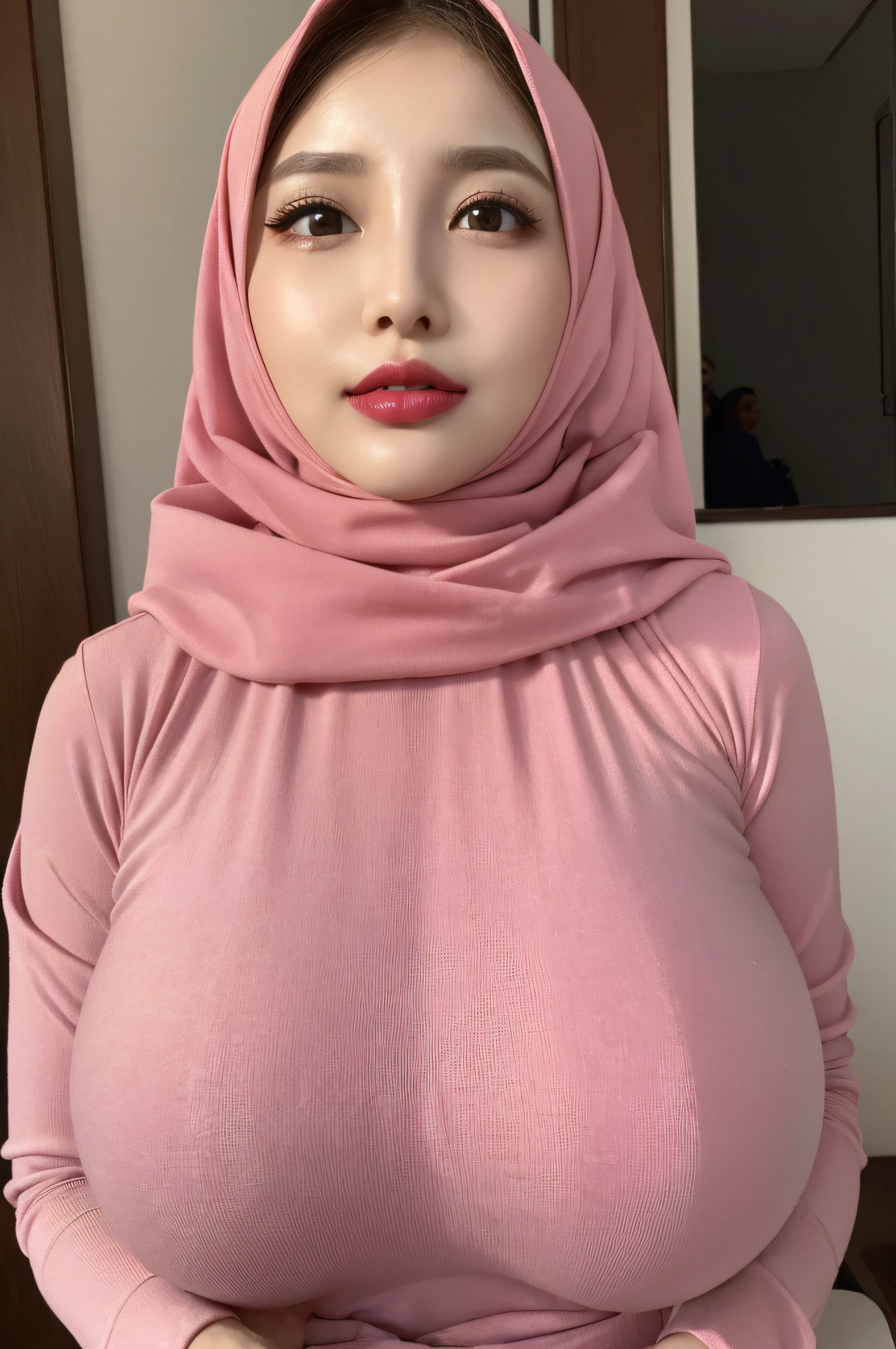 (woman wearing pink hijab 1.2), (RAW photo, realism: 2.8), (red lip gloss, jet red lipstick, many eyelashes, dark red eye shadow, high quality, high resolution, depth of field, kiss, leaning for a kiss, Delicate light colors turtleneck print sun dress, detailed eyes, double eyelids, big eyes, hijab, (ultra Gigantic Breasts:1.3, heavy hanging breasts, perfect round shape breast)