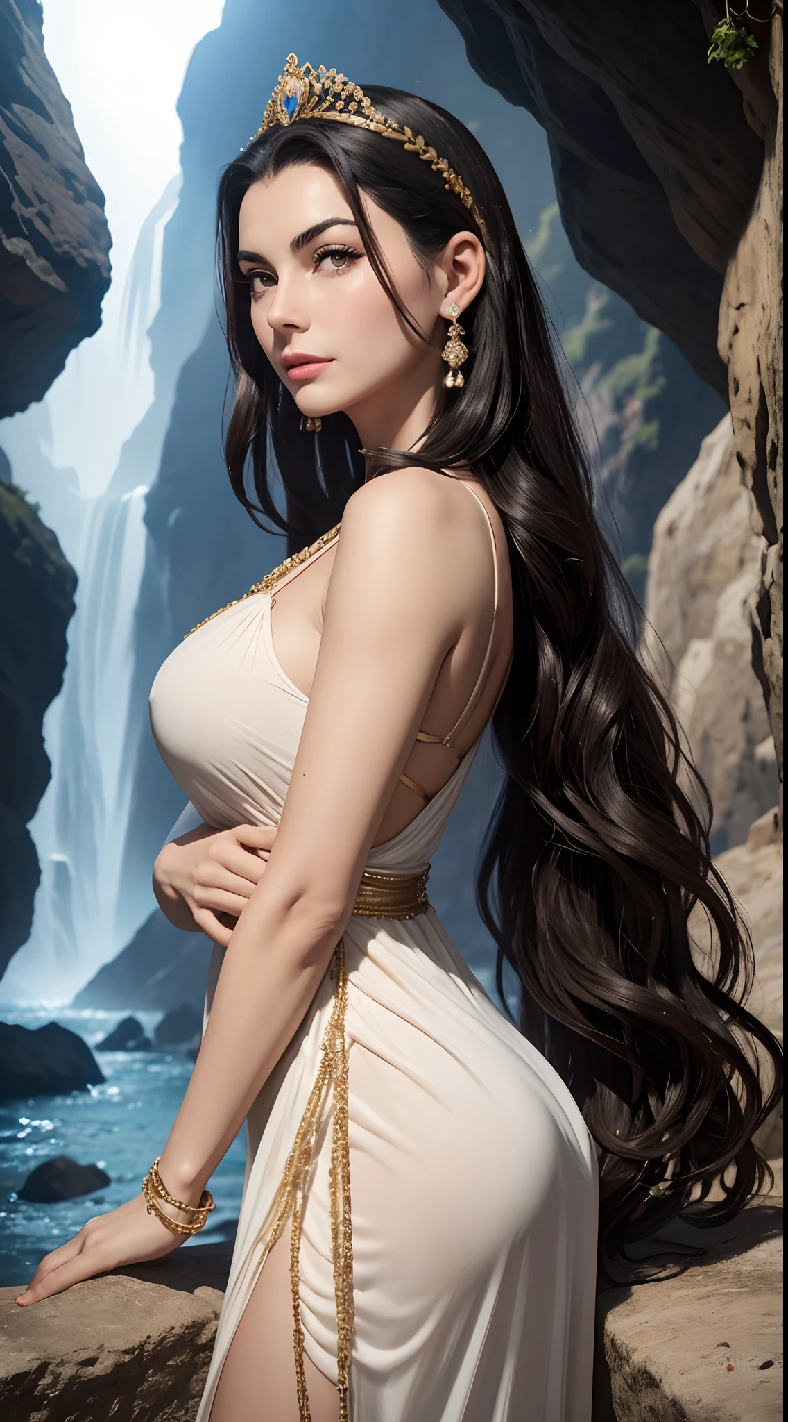 Lucy Pinder, young, beautiful, sitting under a tree, wearing a crumpled strapless bra and a transparent dhoti, picking flowers, smiling, wearing floral ornaments, flower in hair, long dark brown flowing hair, rear view, detailed, photorealistic artwork by Louis Royo, by Boris Vallejo, by Frank Frazetta