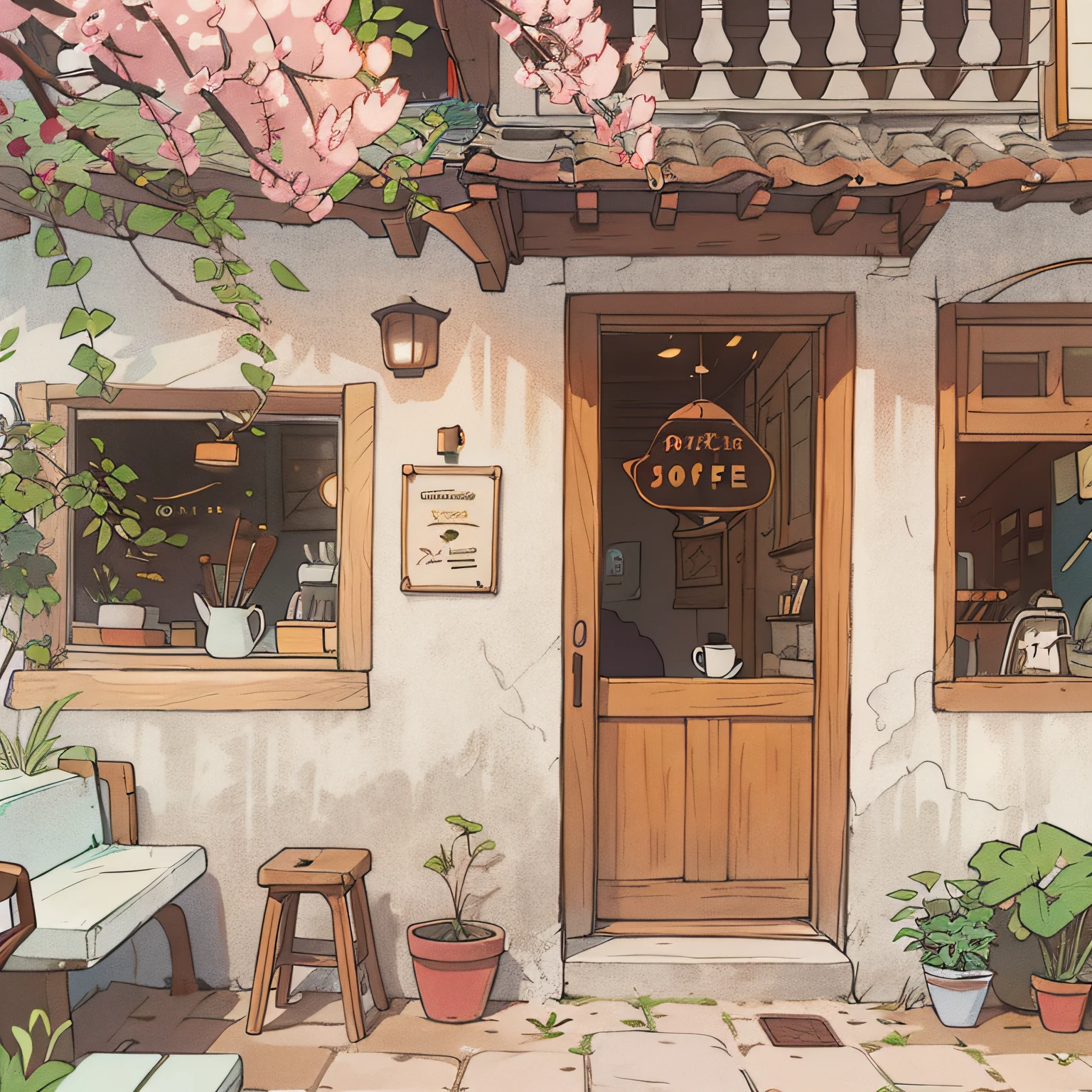 There is a small coffee shop down the street, cafe shop, Flat illustration style,Black tick line， jaeyeon nam, sangsoo jeong, seseon yoon, Kim Hyun-joo, small hipster coffee shop, kawa,