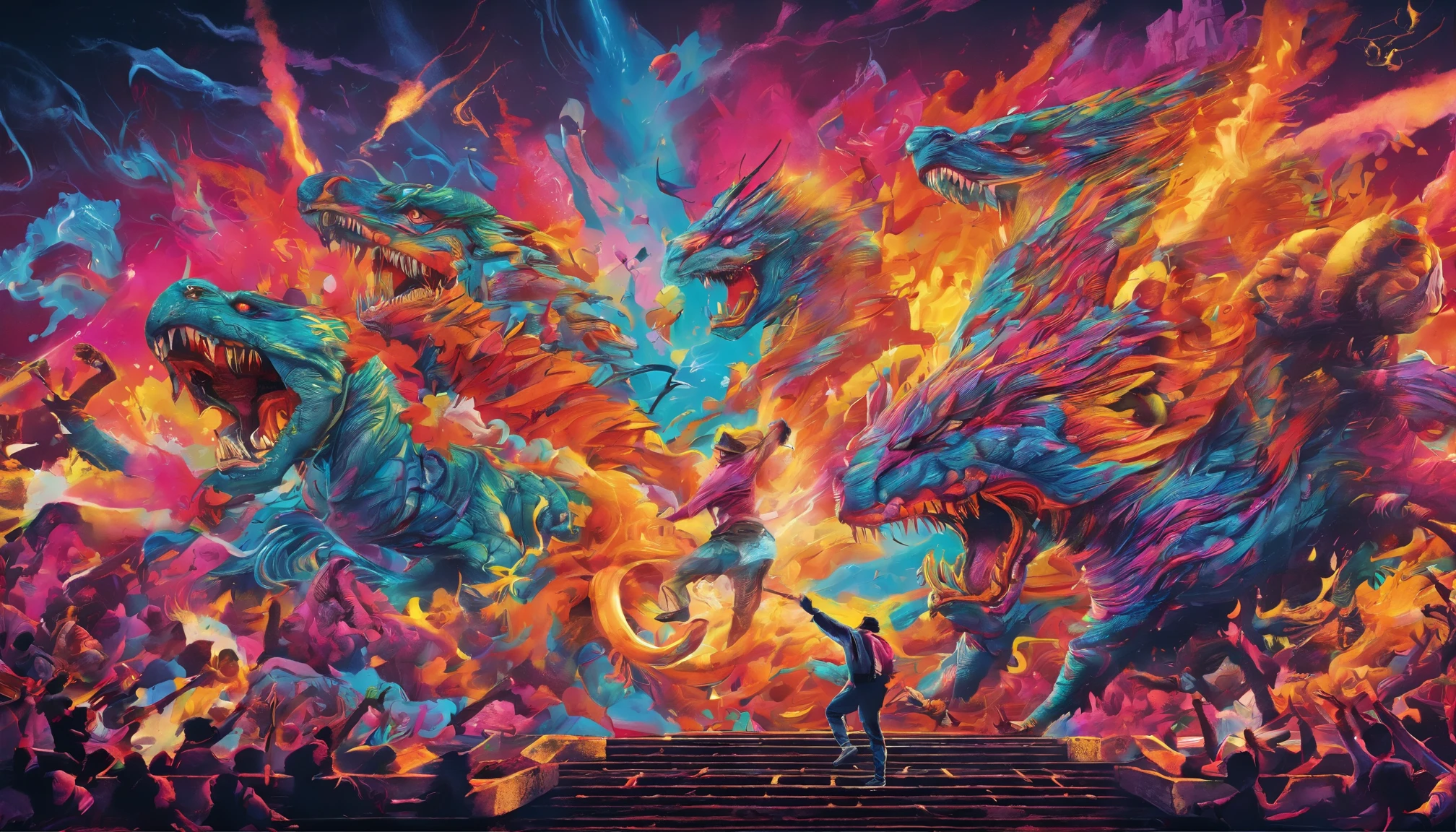 (best quality,4k,8k,highres,masterpiece:1.2),ultra-detailed,(realistic,photorealistic,photo-realistic:1.37),ninjas, dinosaurs,electric guitar,colorful,energetic,vibrant,powerful,action-packed,fast-paced,fantasy,music,stage lights,laser beams,smoke machine,jumping,headbanging,roaring,shredding,fierce,battle,explosions,breathtaking flips,volcanic backdrop,massive amps,striking poses,majestic mountains,electricity crackling,pulsating energy,spellbinding performance,thunderous applause,exhilarating,unforgettable,the roar of the crowd,mesmerizing,immersive,visually stunning