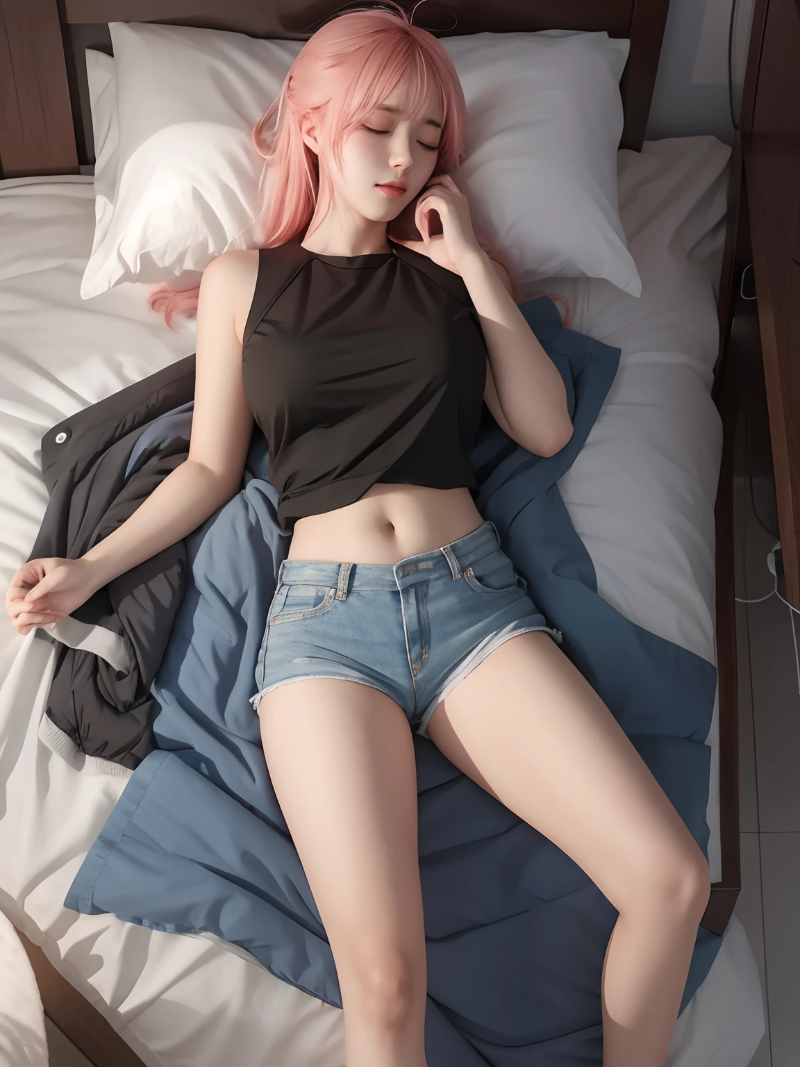 (feet out of frame), 1girl, Sakura Haruno, perfect face, sweet, cute, cinematic, white short top, natural breast, tight, blush, glossy lips, natural light, on bed, sharp focus, immersive, armpits, realistic, high detailed, steamy, thigh gap, chubby, photorealistic, lifelike