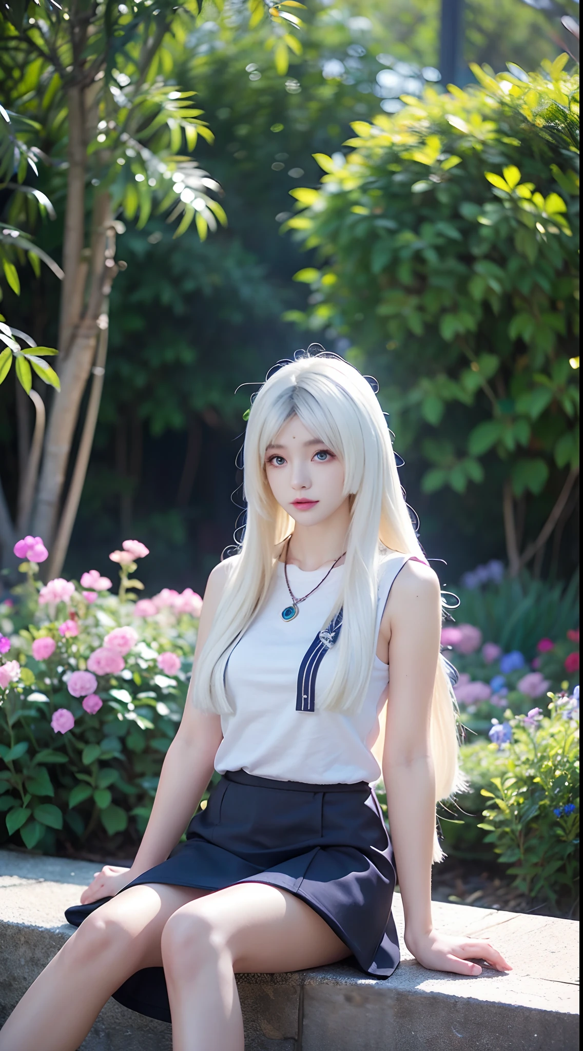 HDR,Detail ,Kagura mobile legends, long white hair, blue eyes, wearing a necklace, looking at viewer, Soft white t-shirt, black short skirt, sitting in the flower garden