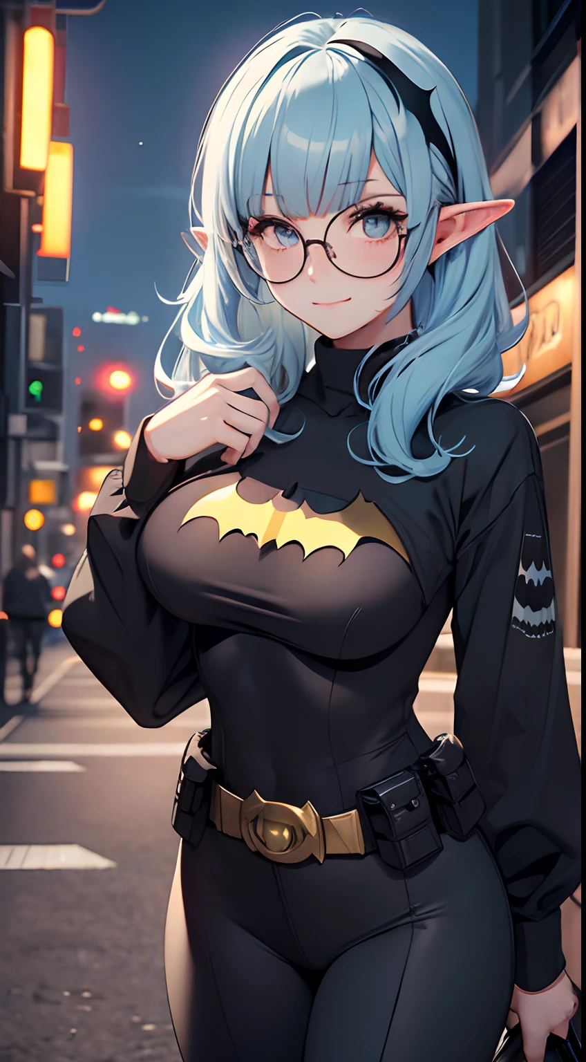 masterpiece, a elf wearing batman clothes, she is alone at night, she is smilling,[: (light blue hair:1.3), (blunt bangs:1.3), circle glasses:8], (tight clothing), naughty,mischevious, (batman:1.5), clothes, batgirl, (black shirt:1.3), (black pants.1.3), full black shirt, BREAK loong sleeves, bat signal on chest, 1girl, solo, alone, cute, dark, night, black belt,circle-glasses,  long hair, smile,
BREAK modern city, perfect lighting, 4k,UHD, cinematic, street, cool light, perfect scenary, medium sized breasts, professional image, perfecet shading, vivid colors, stuning eyes, beautiful eyes,