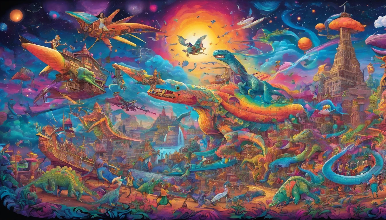 a magical dreamworld made of color and music, people riding dinosaurs, ninjas, massive airships flying around with a swirling beautiful galaxy overhead