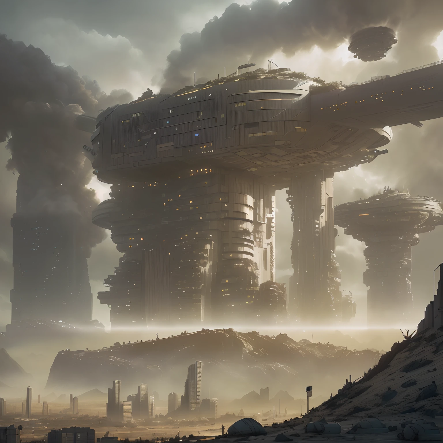 (High-rise buildings,Futuristic,Hidden,survivor,architecture),High-tech, (Isolated:1.1), (Safety:1.1), (aggrandizement:1.1), (Self-sustaining:1.1),
(advanced life support system), (Medical facilities), (Underground:0.9), (Peaceful location), (distant:0.9), (primitive:0.9),
(Armageddon's consequences:0.9), (Nuclear war:0.9), (Hidden in destruction),
(Best quality,4K,8K,High-res), (Ultra-detailed), (Photorealistic:1.37),
(Concept artist), (Futuristic style), (Dark tones), (Soft lighting),The apocalyptic wasteland,High-rise buildings