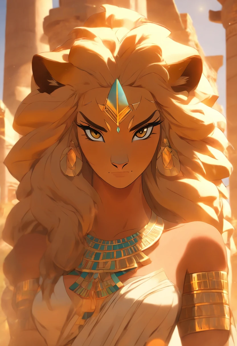 (((Woman's body and lioness's head)), best quality, very high resolution, 4K detailed CG, masterpiece, Egyptian mythology, SEKHMET, sun in the background, Ancient Egypt, standing pose, lioness goddess, orange clothes , Egyptian clothing, Egyptian temple, desert, Ancient Egypt, ((lioness head, woman's body)), Egyptian palace, aesthetics, beautiful image, centered on screen, standing pose