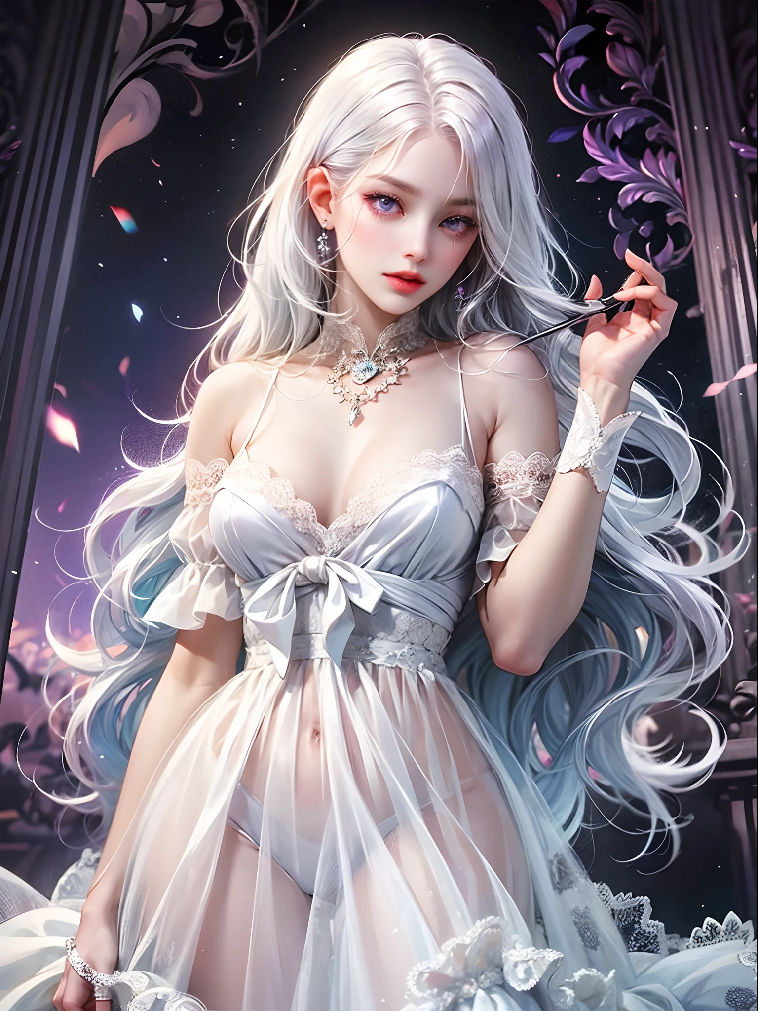 a women, white hair, purple eyes, white dress