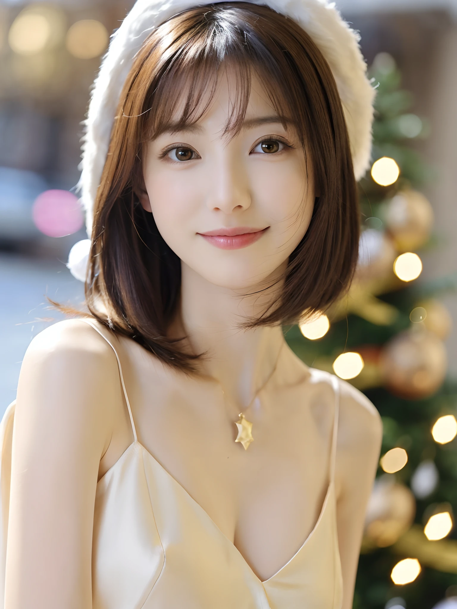 (Raw photography:1.2)、(Photorealsitic:1.4)、(masterpiece:1.3)、(top-quality:1.4)、dream-like、(A detailed eye)、(detailed facial features)、((Detailed clothing)、(Raw photography: 1.2)、(Photorealsitic:1.4)、、(top-quality:1.4)、dream-like、(A detailed eye)、(detailed facial features)、(detailed clothes features)、skin tightening、(Slender girl)、(Slim Girl)、1 girl in、(full body Esbian)、(独奏)、cute little、(breastsout)、bangss、bangss、straight haired、black eyes of pale color、Crystal Pendant、(top-quality、8K、32K、masterpiece、nffsw:1.2)、Cute Japan Female Pictures、 独奏、girl1、(Big breasts)、(Tall lady)、(abdominals)、(s lips)、Mouth closed、Firm double eyelids Only one very beautiful woman、very extremely beautiful、Gaze looking directly at the camera、Golden Ratio Face、The body of the golden ratio、perfect bodies、face perfect、perfect chest、big breasts looking directly at the camera、 Chest close、Very beautiful breasts、Coquettish smile、Very happy smile、big eye、 highlight in eyes、clear double eyelids、Eye lashes、long neck、Beautiful short hair、A dark-haired、bangss、thick bangs、Clean bangs、Clean collarbone crystal clear overwhelming charm、 Attractive natural light、age19、skin tightening、(Slender girl)、(Slim Girl)、(1 girl in)、(独奏)、cute little、(breastsout)、bangss、bangss、straight haired、black eyes of pale color、Crystal Pendant、Cute Japan Female Pictures、独奏、one girls、(Big eyes)、(Tall lady)、pretty pose、(((Sleeveless、Santa Claus Costume、Santa Claus hat、Just cute、Attractive woman))) ((Big Christmas tree on background)) ((The background is the downtown area at night bustling with Christmas)) ((Christmas Light Ball Bokeh))