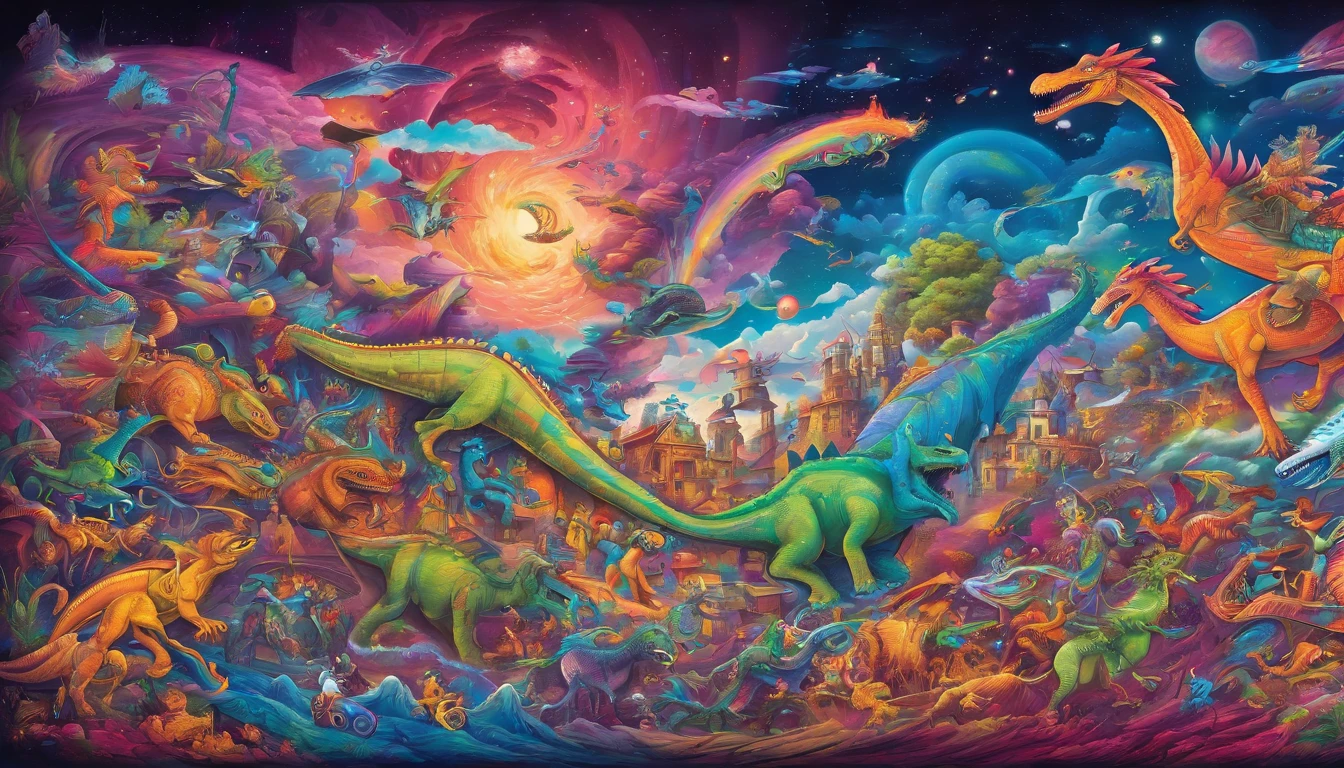a magical dreamworld made of color and music, people riding dinosaurs, ninjas, massive airships flying around with a swirling beautiful galaxy overhead