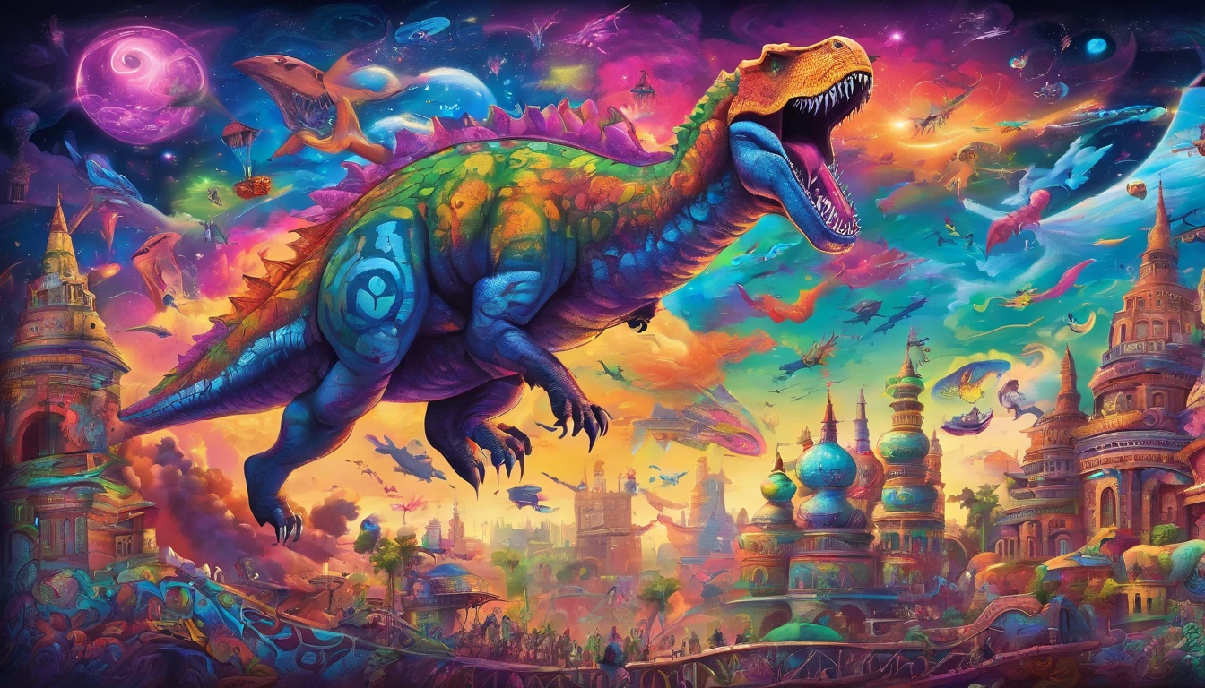 a magical dreamworld made of color and music, people riding dinosaurs, ninjas, massive airships flying around with a swirling beautiful galaxy overhead