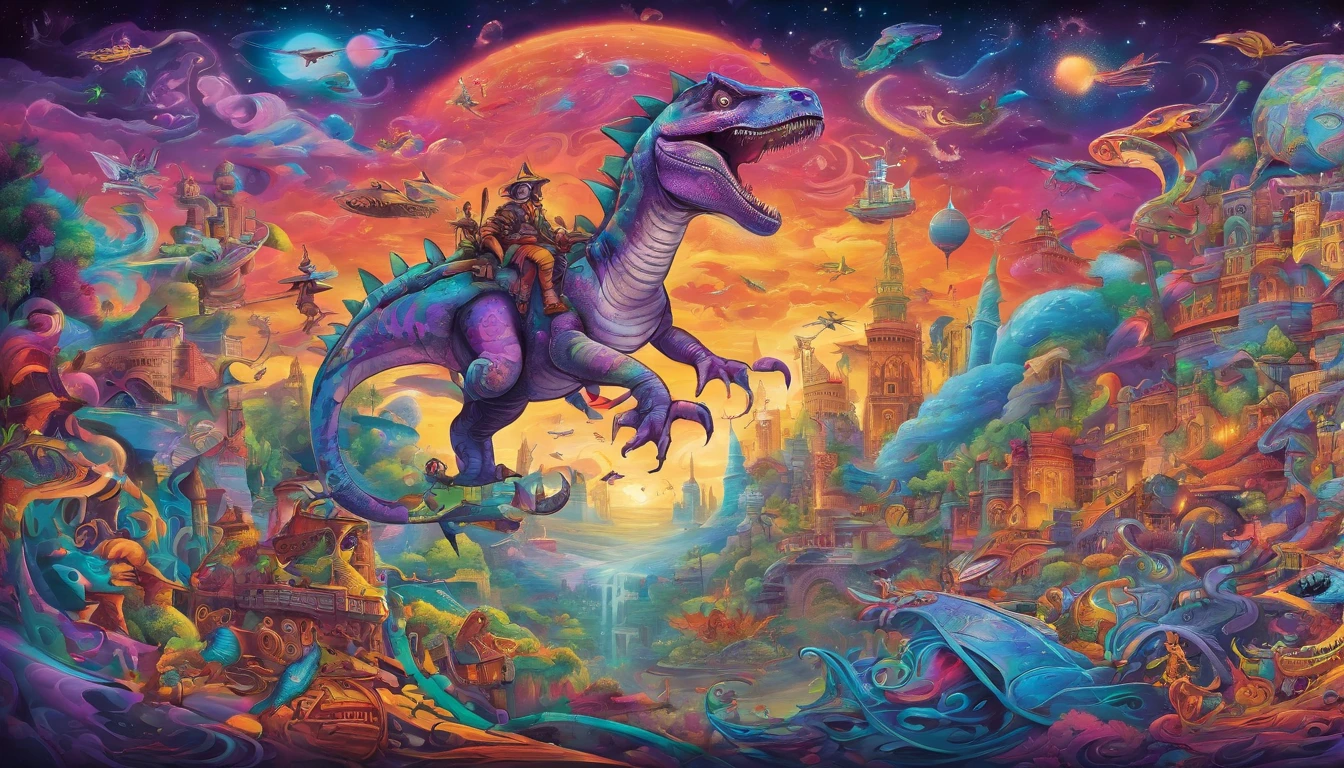 a magical dreamworld made of color and music, people riding dinosaurs, ninjas, massive airships flying around with a swirling beautiful galaxy overhead