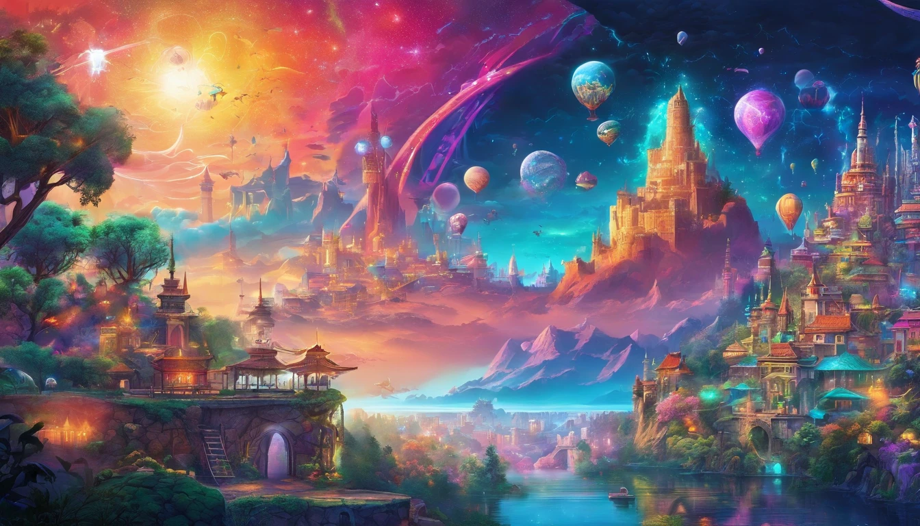 (best quality,4k,8k,highres,masterpiece:1.2),ultra-detailed,(realistic,photorealistic,photo-realistic:1.37),dreamworld,colorful music,riding dinosaurs,performing ninjas,airships in sky with beautiful galaxy,ninjas jumping and flying,ancient city with towering buildings,magical floating islands,lush greenery,sparkling waterfalls,twinkling stars,ethereal atmosphere,vibrant colors,impressive lighting,huge creatures,whimsical landscapes,awe-inspiring scenery,mystical energy,magical aura,surreal settings,mesmerizing harmony,awe-inspiring beauty,dynamic composition,harmonious blend of elements,immersive experience,visually stunning,magical and intriguing.