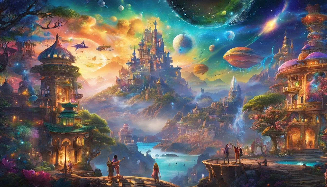 (best quality,4k,8k,highres,masterpiece:1.2),ultra-detailed,(realistic,photorealistic,photo-realistic:1.37),dreamworld,colorful music,riding dinosaurs,performing ninjas,airships in sky with beautiful galaxy,ninjas jumping and flying,ancient city with towering buildings,magical floating islands,lush greenery,sparkling waterfalls,twinkling stars,ethereal atmosphere,vibrant colors,impressive lighting,huge creatures,whimsical landscapes,awe-inspiring scenery,mystical energy,magical aura,surreal settings,mesmerizing harmony,awe-inspiring beauty,dynamic composition,harmonious blend of elements,immersive experience,visually stunning,magical and intriguing.