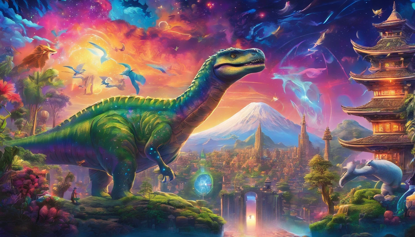 (best quality,4k,8k,highres,masterpiece:1.2),ultra-detailed,(realistic,photorealistic,photo-realistic:1.37),dreamworld,colorful music,riding dinosaurs,performing ninjas,airships in sky with beautiful galaxy,ninjas jumping and flying,ancient city with towering buildings,magical floating islands,lush greenery,sparkling waterfalls,twinkling stars,ethereal atmosphere,vibrant colors,impressive lighting,huge creatures,whimsical landscapes,awe-inspiring scenery,mystical energy,magical aura,surreal settings,mesmerizing harmony,awe-inspiring beauty,dynamic composition,harmonious blend of elements,immersive experience,visually stunning,magical and intriguing.