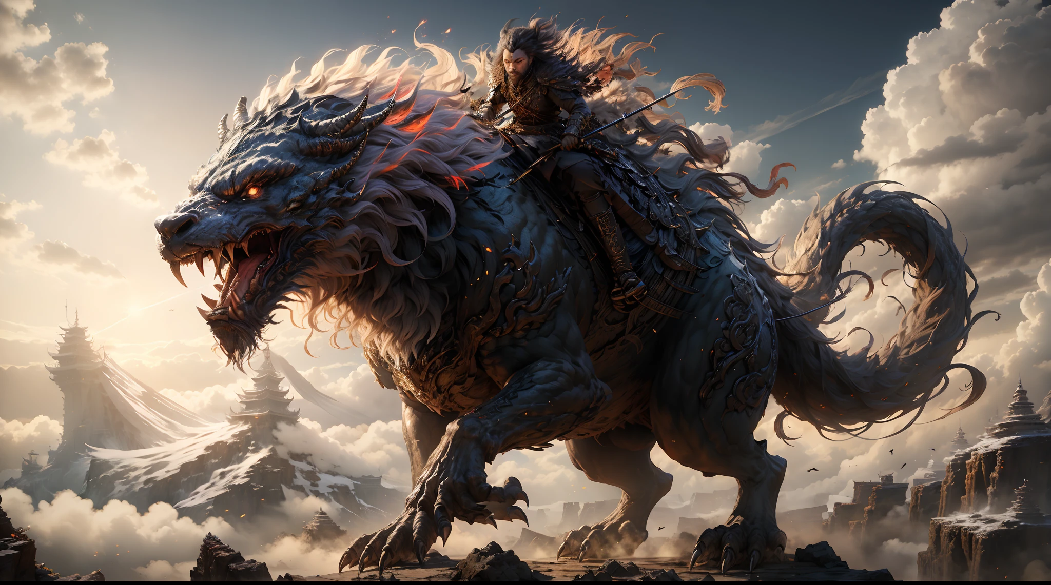 Great Wilderness East Meridian,dream-state、fanciful、drak、Powerful wings,tmasterpiece,Toenails,sickle,salama,Layered hair,Multicolored fur,Riding,超高分辨率,high high quality,Export details