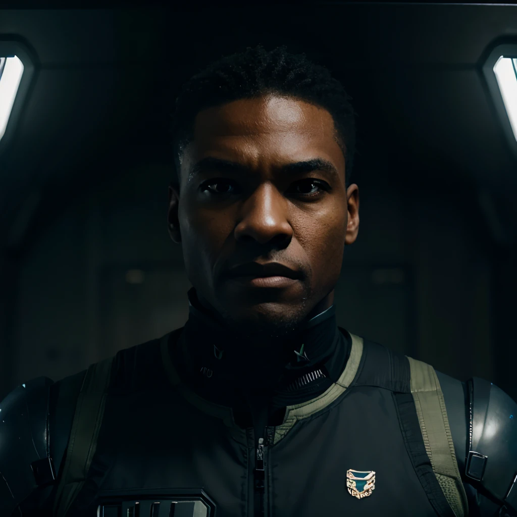 Black man,solid snake cyborg ,tech, suit, military ,sci-fi ,symmetry, dark, detailed, full body, portrait, dark colors, futuristic