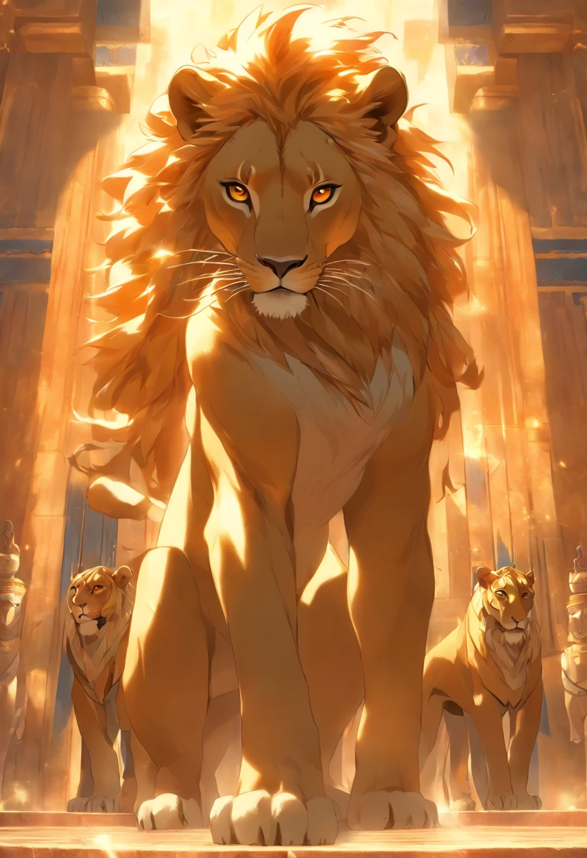 (((Woman's body and lioness's head))), best quality, very high resolution, 4K detailed CG, masterpiece, Egyptian mythology, SEKHMET, sun in the background, Ancient Egypt, standing pose, lioness goddess, clothes oranges, Egyptian clothing, Egyptian temple, desert, Ancient Egypt, ((feline head, woman body)), Egyptian palace, aesthetics, beautiful image, centered on screen, standing pose