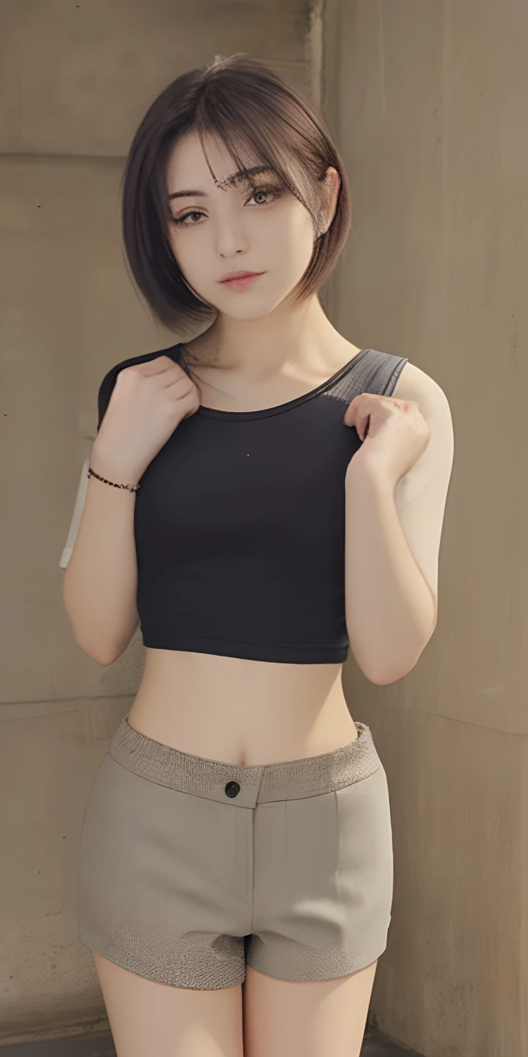 1girl, (solo), long hair, ((sexy 22yo girl)), huge breasts, looking at viewer, (black straight hair, high ponytail), blunt bangs, ((Short-sleeved white shirt, short hem), black tight leather shorts, low waist), (sagging breasts), slim waist, exposed belly, belly button, character illustration, Black frame glasses, large round frame, school background, upper body, standing, from below:1.3, (hands on hips),