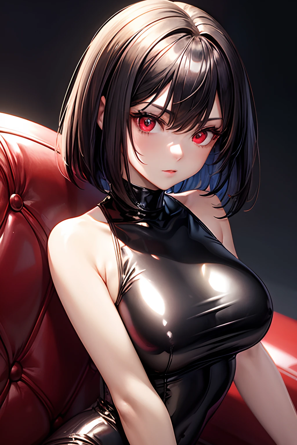 masterpiece, best quality, highly detailed,
1girl,Glossy Metallic Light Silver Tank Top, latex shiny, Red interpolation color,Black Hair Bob,Red Eyes,
