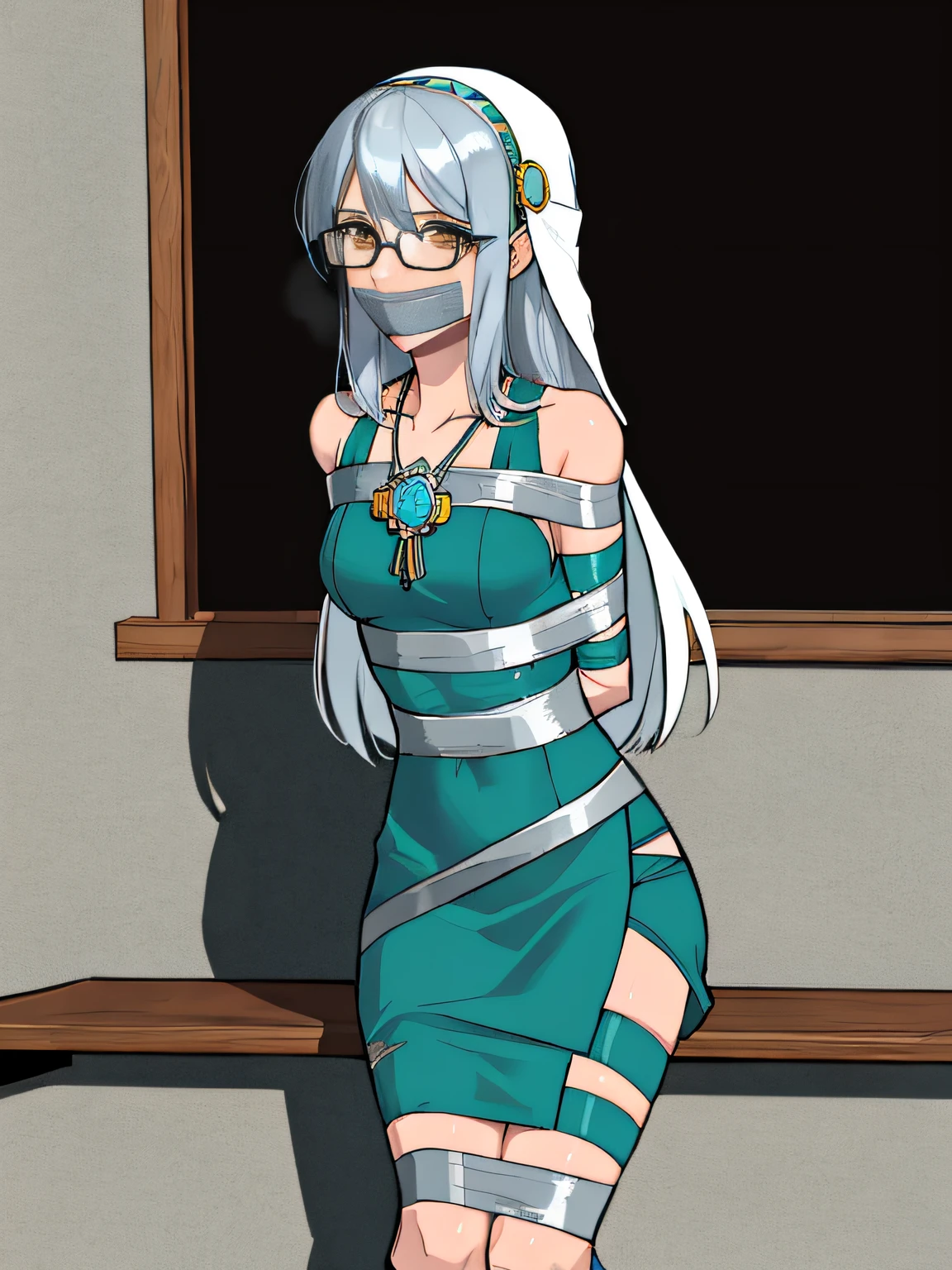 (absurdres, 8k, 4k, masterpiece, hyper extreme detailed:1.2), solo, 1girl, side view portrait, best quality, expressive eyes, perfect face, 1girl, portrait, solo, Female, mature female, adult, silver hair, brown eyes, def_azura, asymmetrical legwear, gloves, barefoot, anklet, jewelry, dress, fingerless gloves, veil, elbow gloves, pendant, necklace, white dress, white gloves, ribbon, blue ribbon, light smile, small bust, long hair, straight hair, swept bangs, cowboy shot, half body, silver hair, expressive eyes, perfect eyes, cafe background, glasses, artist, artistic, creative, creativity, passion, passionate, friendly, sitting down, bench, cafe background, blue skies, sun, clouds, window, bound, bondage, (arms behind back:1.4), bdsm, tape gag, tape, tape bondage, restrained, tape wrapped, wrap gag, bondage, taped wrists, taped breasts, taped mouth, taped elbows, taped forearms, standing up, 1girl, taped thighs, taped ankles, tape gagged, wrap gag,