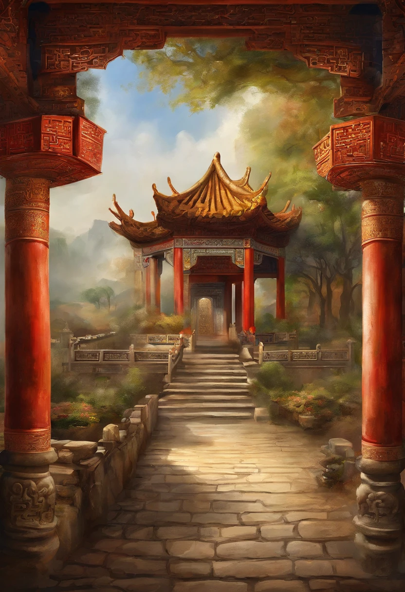 Chinese palace of the Tang Dynasty, in wonderland, surrounded by cloud, Far perspective, 。.。.3D, China-style, Reddish yellow tones。8K, High detail, Chiaroscuro, Depth of field, god light, stereograms, hyper HD, hyper HD, Textured skin, High details --auto
