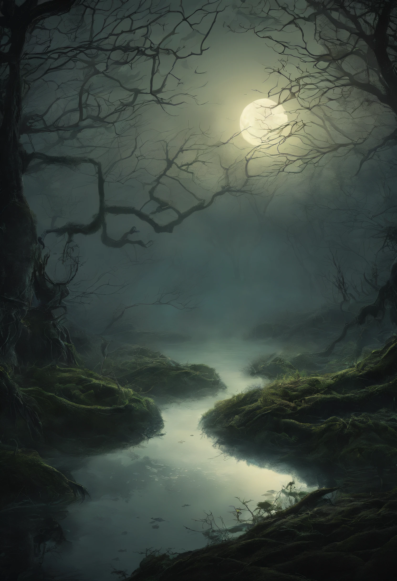 In a horrible fairy-tale swamp under the moonlight, with a traveler (best quality,4k,8k,highres,masterpiece:1.2),ultra-detailed,(realistic,photorealistic,photo-realistic:1.37), HDR, UHD, studio lighting, extreme detail description, professional, vivid colors, bokeh, eerie atmosphere, dark shadows, glowing plants, misty surroundings, mysterious creatures emerging, moonlight reflections on the water, moss-covered rocks, creepy tree branches stretching, thick fog, lonely traveler navigating through the swamp cautiously, intense sense of danger, moonlight illuminating the twisted path, sound of distant howling, muffled croaking of frogs, eerie silence broken by rustling leaves, sinister secrets hidden beneath the murky water surface, dense vegetation creating a claustrophobic ambiance, haunting beauty, ominous energy filling the air, the traveler's terrified expression, clinging to a lantern for limited visibility, worn-out backpack, tattered maps, signs of previous explorers' presence, shivers crawling up the spine, heart pounding, mysterious foggy figures lurking in the distance, paranormal presence, the traveler's footprints slowly disappearing behind, the traveler's desperate escape from the cursed swamp.