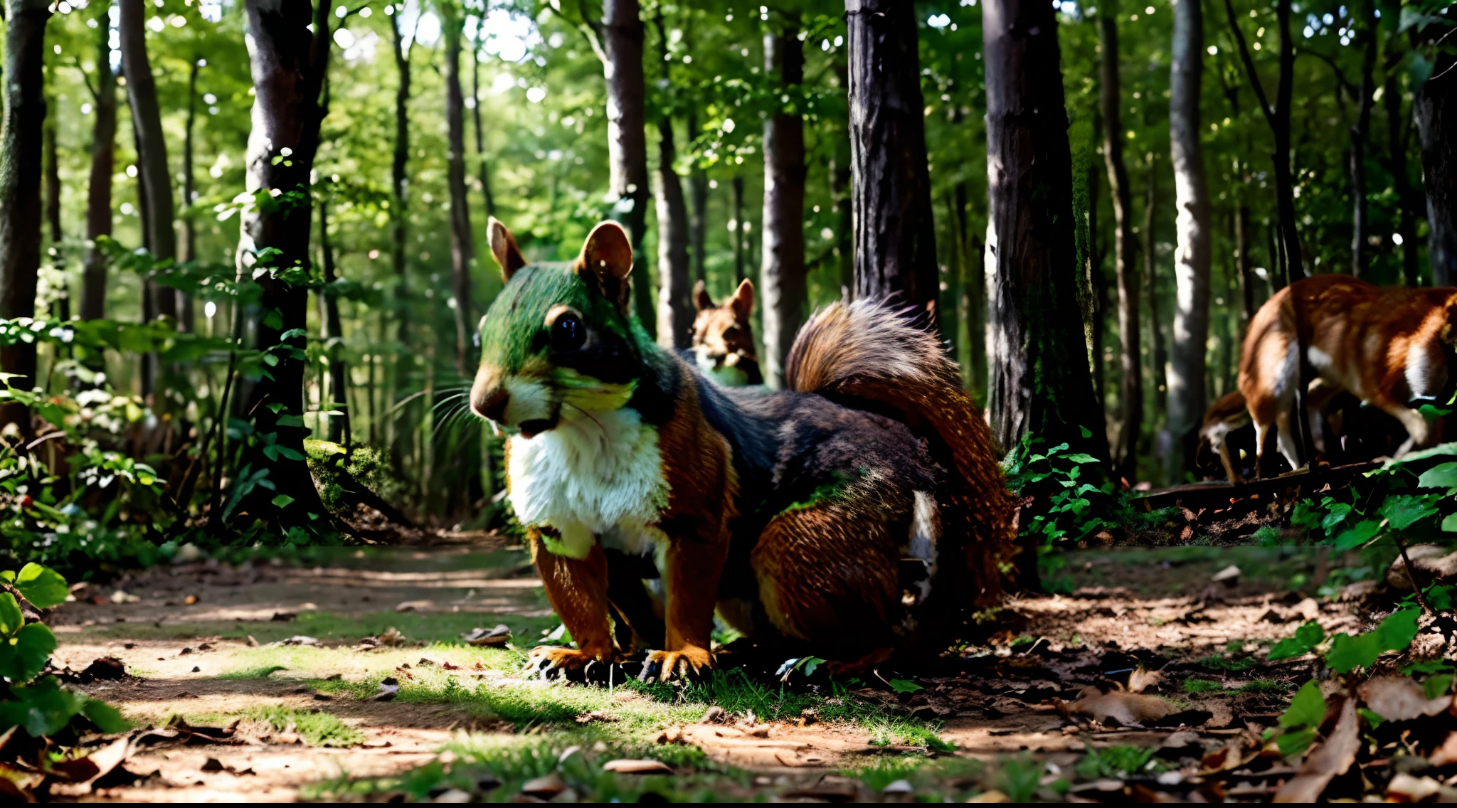 a woodland scene with a brave squirrel. Squirrel  is cleverly hiding under a bush, his eyes reflecting determination, as wild dogs approach in the background. The image should capture the essence of Squirrels  self-reliance and bravery in the face of danger,blur painting forest background