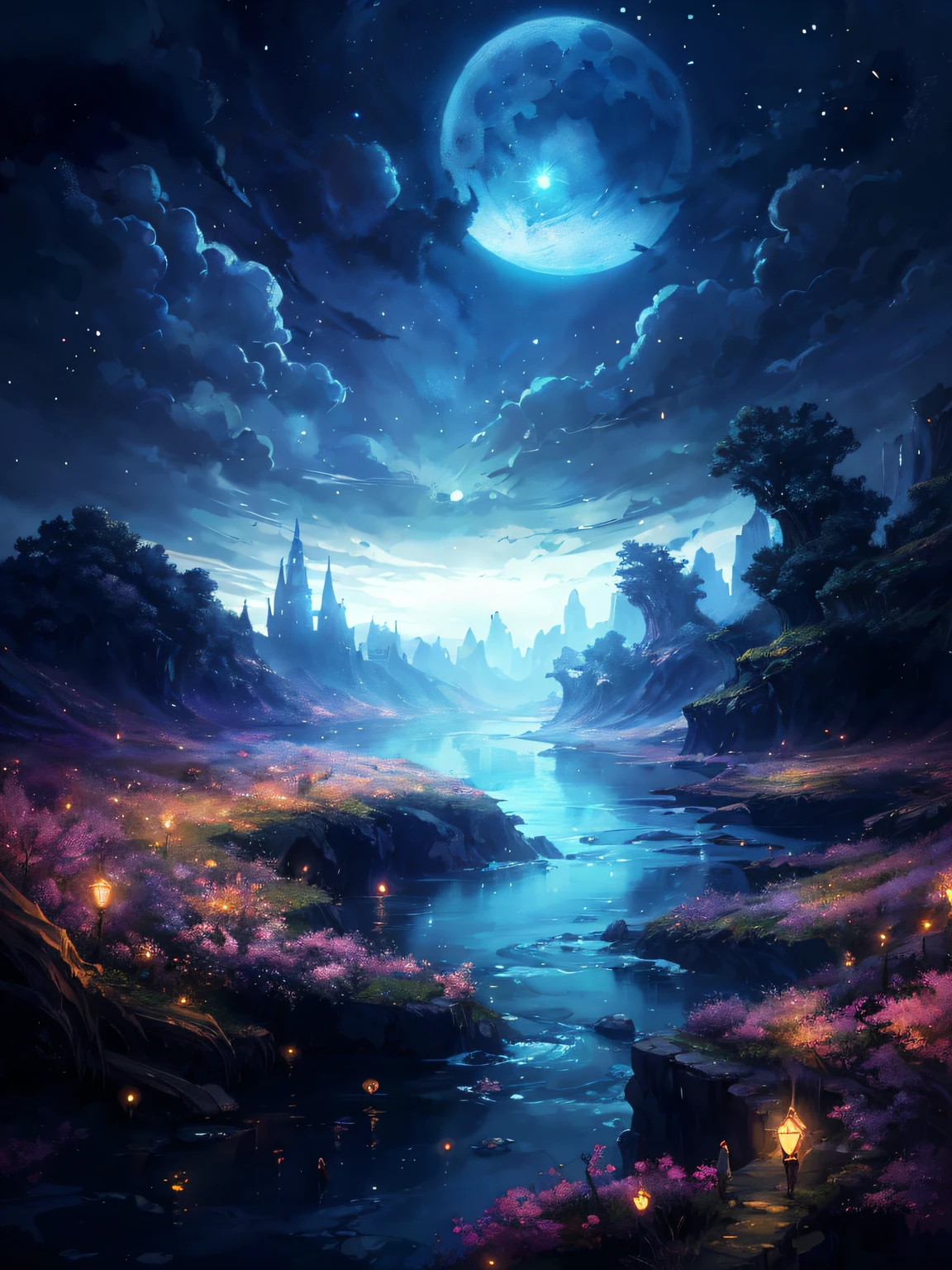 a painting of a river with a full moon in the background, digital art inspired by Andreas Rocha, pixiv contest winner, fantasy art, magical landscape, magical environment, beautiful anime scenery, detailed dreamscape, beautiful anime scene, night scenery, magical dream-like atmosphere, moonlit starry sky environment, anime landscape wallpaper, anime background art, painting of a dreamscape