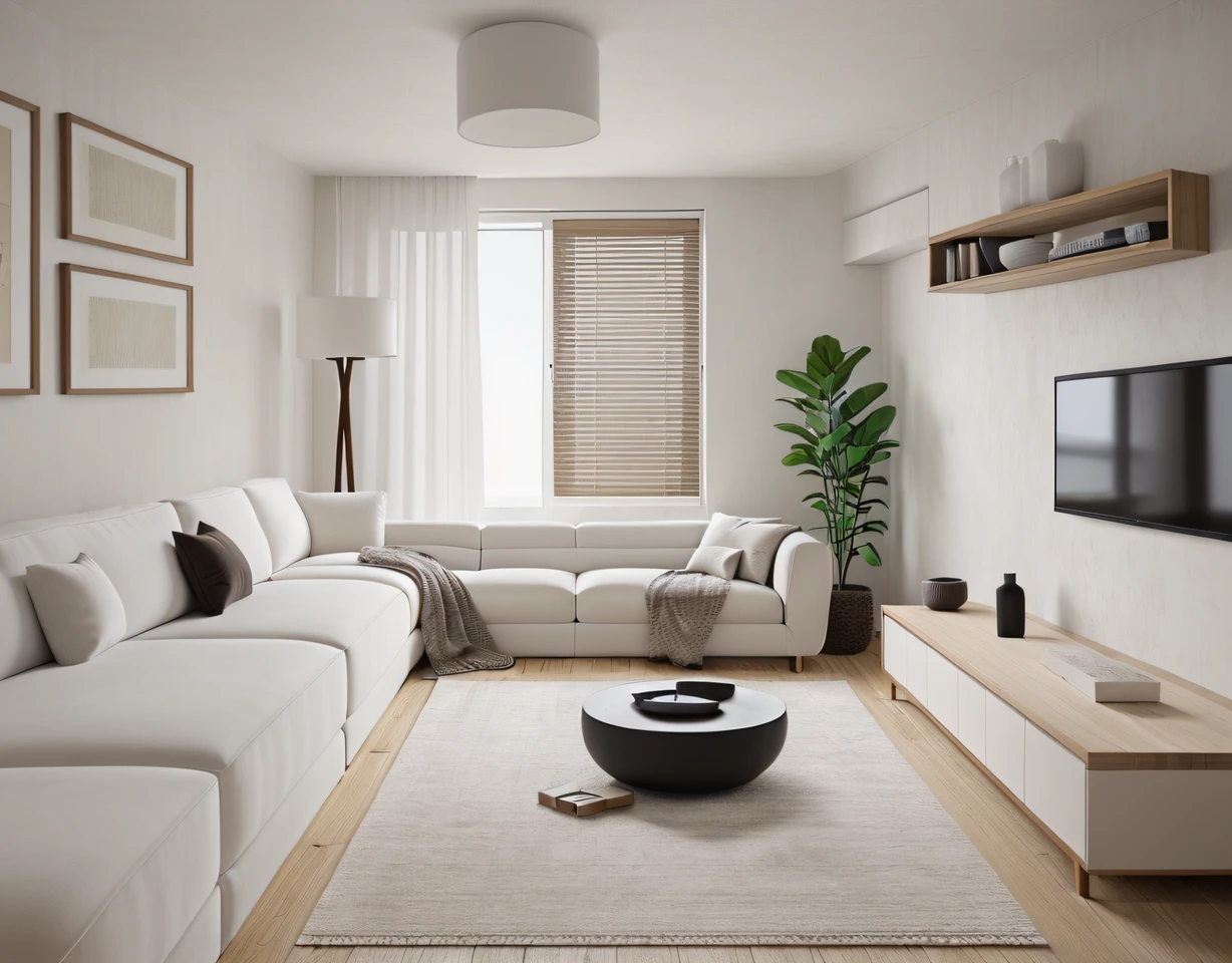 wabisabi livingroom interior, sofa, armchair, table, rug, wood floor, drapes, window, blind, white flat ceiling, stucco wall,natural light, softlight, (flat white ceiling),((masterpiece)), realistic, high quality,