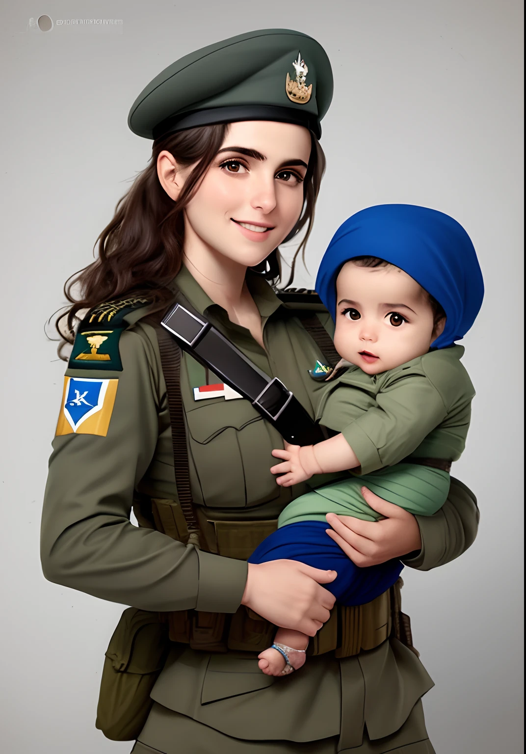 1 mulher soldado israelense, with a baby in the arm, bandeira de israel a fundo, Ultra realista