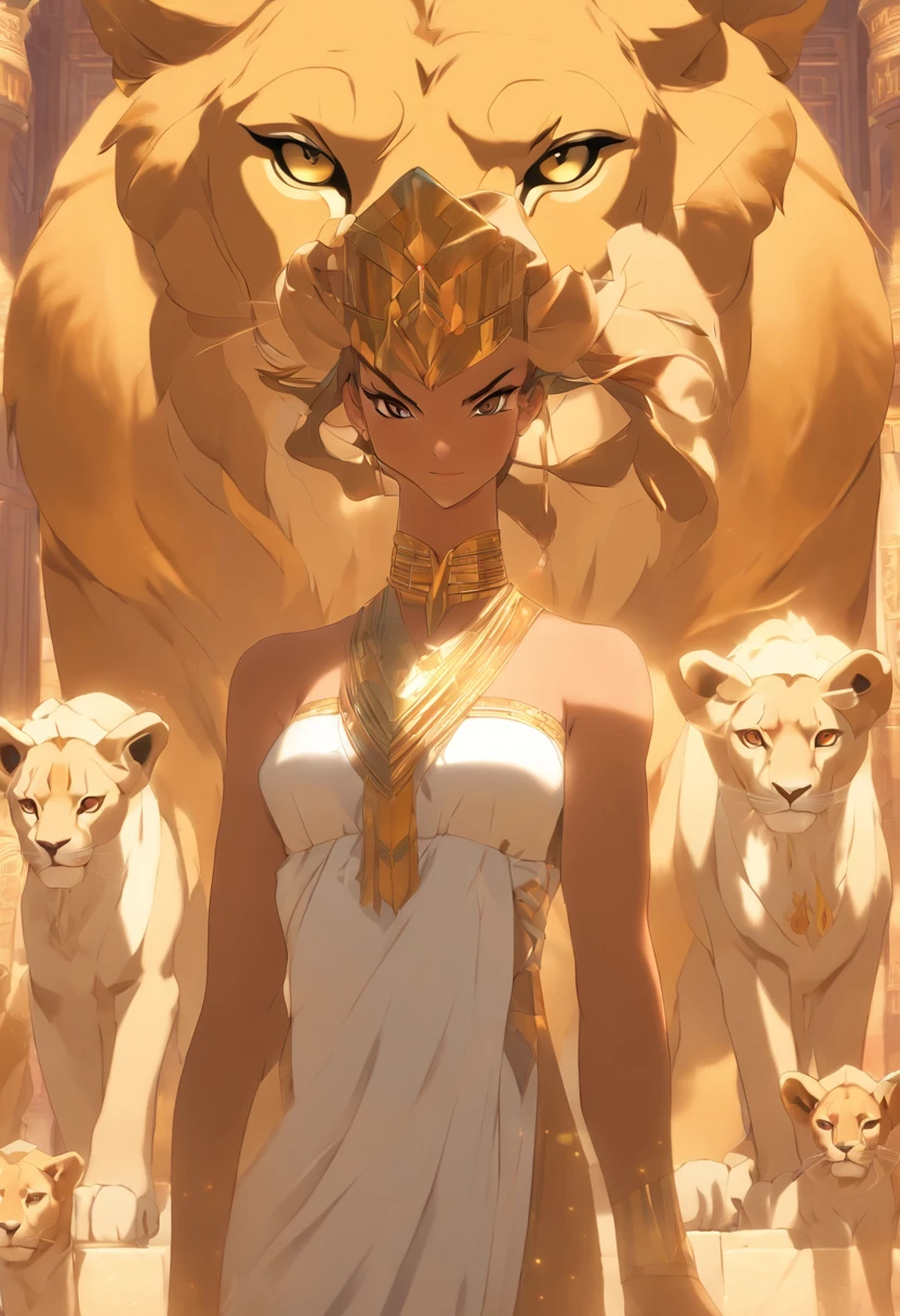 (((Woman's body and lioness's head))), best quality, very high resolution, 4K detailed CG, masterpiece, Egyptian mythology, SEKHMET, Ancient Egypt, standing pose, lioness goddess, white clothes, Egyptian clothes , desert, Ancient Egypt, ((feline head, woman body)), Egyptian palace, aesthetics, beautiful image, centered on screen, standing pose