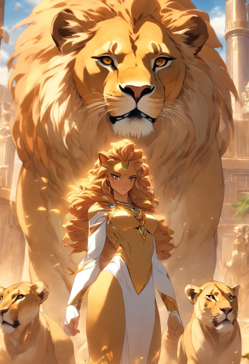 (((Woman's body and lioness's head))), best quality, very high resolution, 4K detailed CG, masterpiece, Egyptian mythology, SEKHMET, Ancient Egypt, standing pose, lioness goddess, white clothes, Egyptian clothes , desert, Ancient Egypt, ((feline head, woman body)), Egyptian palace, aesthetics, beautiful image, centered on screen, standing pose