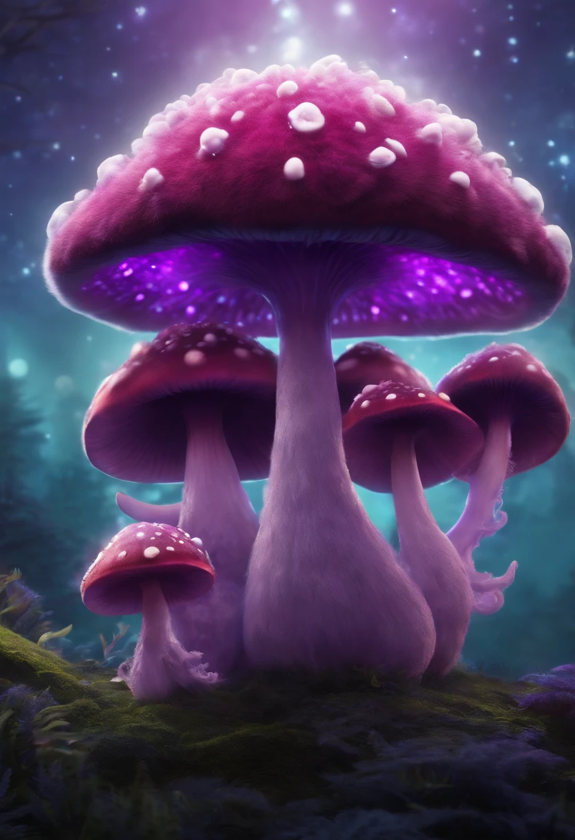 Cute mushroom creature  and purple fur and magenta antlers, glowing eyes, night sky full of Eldritch horror and tentacles, best quality, masterpiec