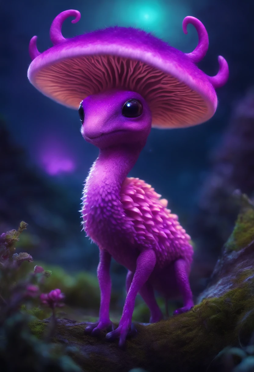 Cute mushroom creature and purple fur and magenta antlers, glowing eyes, night sky full of Eldritch horror and tentacles, best quality, masterpiec