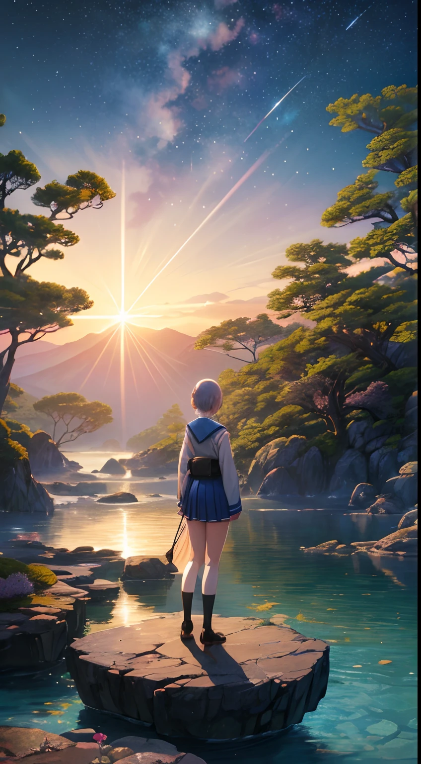 Anne Anderson, Hasui Kawase, Surreal, mysterious, strange, fantastical, fantasy, Sci-fi, Japanese anime, short skirt high school girl, garden in the sky, sea of stars, sea, ships, and people, rock pools are microcosms, water planets, detailed masterpiece Depth of field cinematic lighting